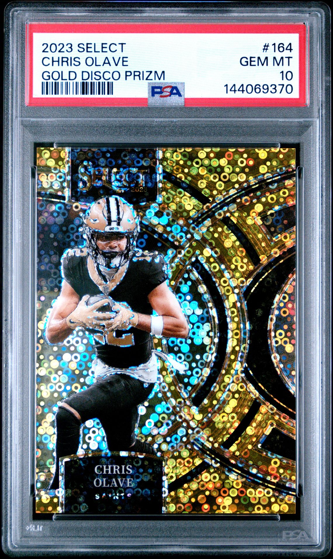 2023 Panini Select Chris Olave #164 (Gold Disco Prizm) Gem Mt 10 front view - PSA graded GEM MT 10