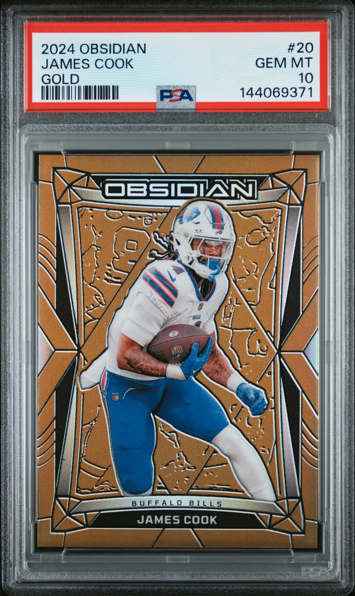 2024 Panini Obsidian James Cook #20 (Gold) Gem Mt 10 front view - PSA graded GEM MT 10