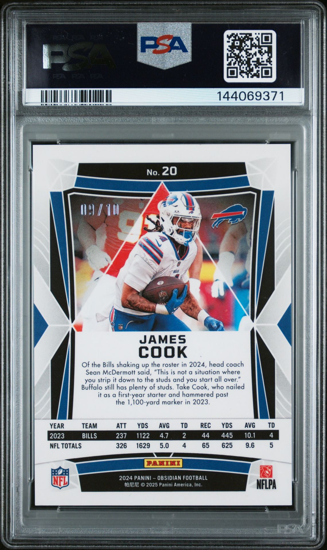 2024 Panini Obsidian James Cook #20 (Gold) Gem Mt 10 back view - PSA certificate #144069371