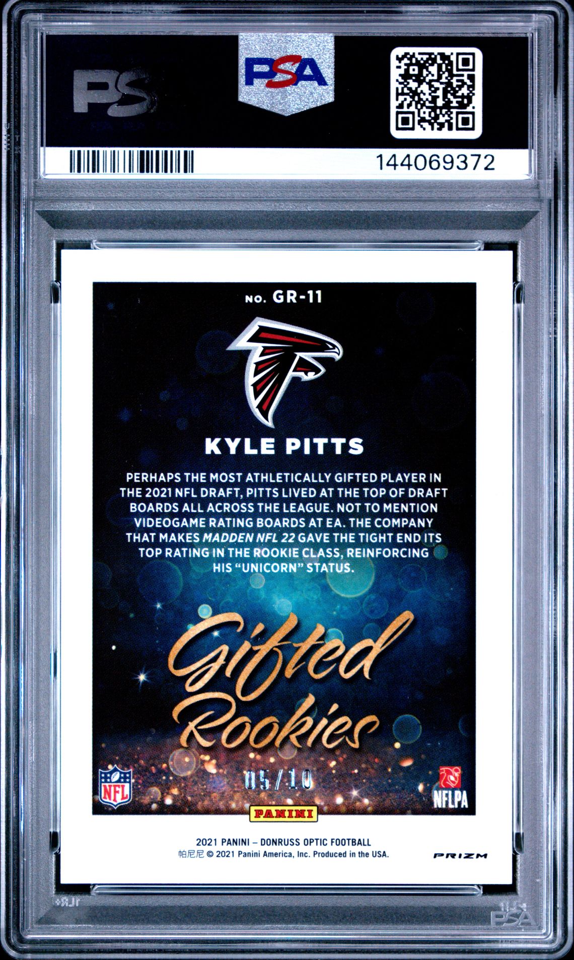 2021 Panini Donruss Optic Gifted Rookies Kyle Pitts #Gr11 (Gifted Rookies-Gold) Gem Mt 10 back view - PSA certificate #144069372