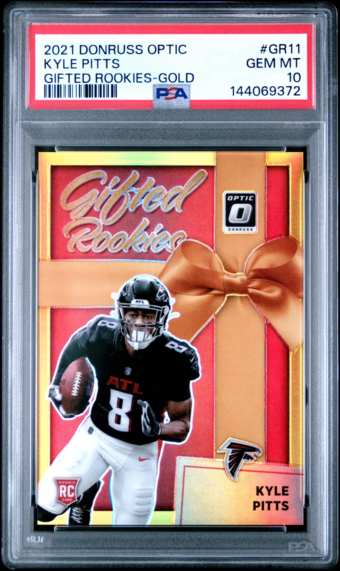 2021 Panini Donruss Optic Gifted Rookies Kyle Pitts #Gr11 (Gifted Rookies-Gold) Gem Mt 10 front view - PSA graded GEM MT 10