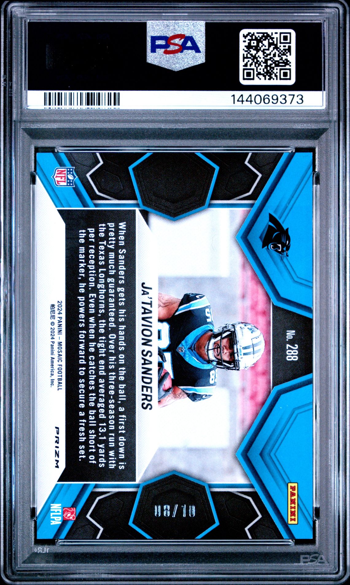 2024 Panini Mosaic Ja'tavion Sanders #288 (Gold) Gem Mt 10 back view - PSA certificate #144069373