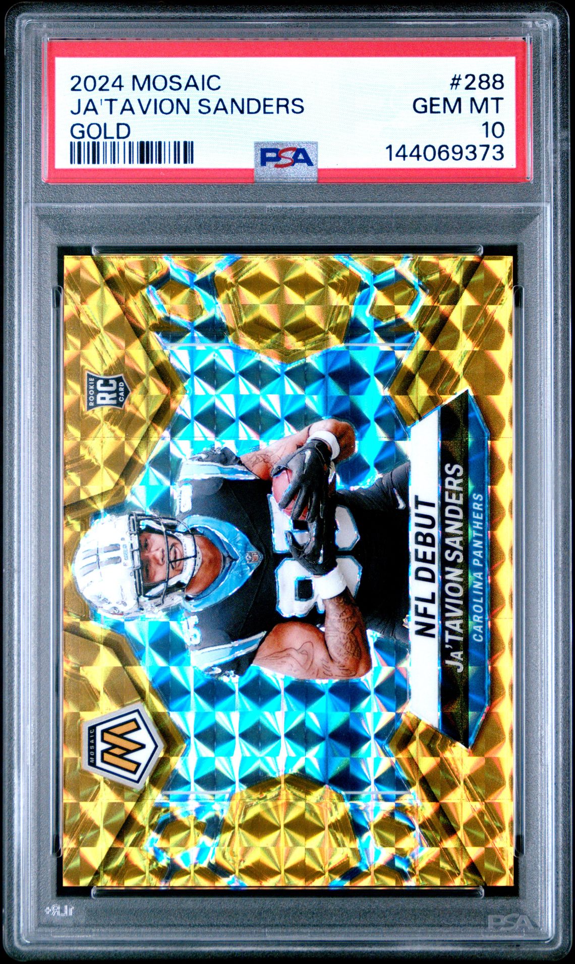 2024 Panini Mosaic Ja'tavion Sanders #288 (Gold) Gem Mt 10 front view - PSA graded GEM MT 10