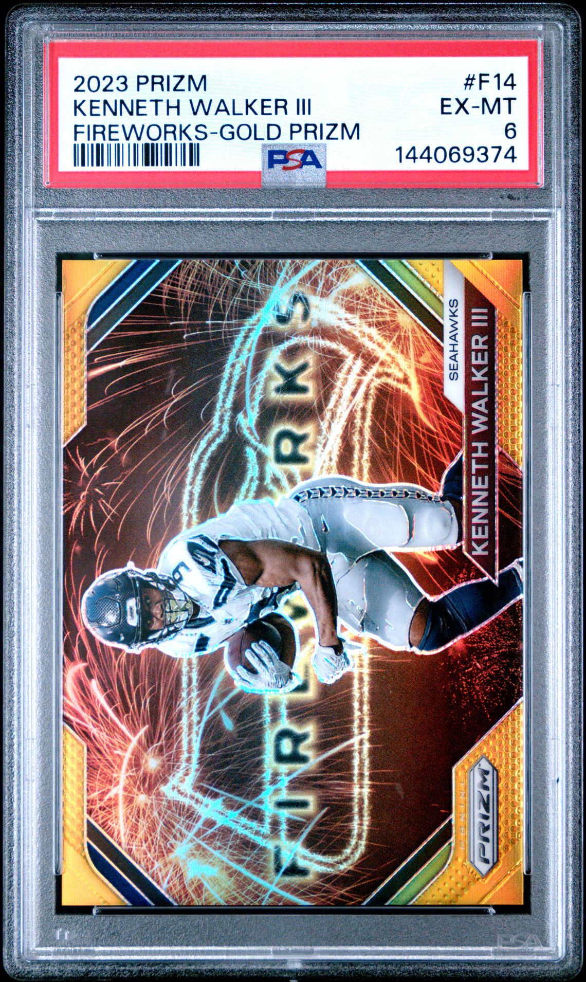 2023 Panini Prizm Fireworks Kenneth Walker Iii #F14 (Fireworks-Gold Prizm) Ex-Mt 6 front