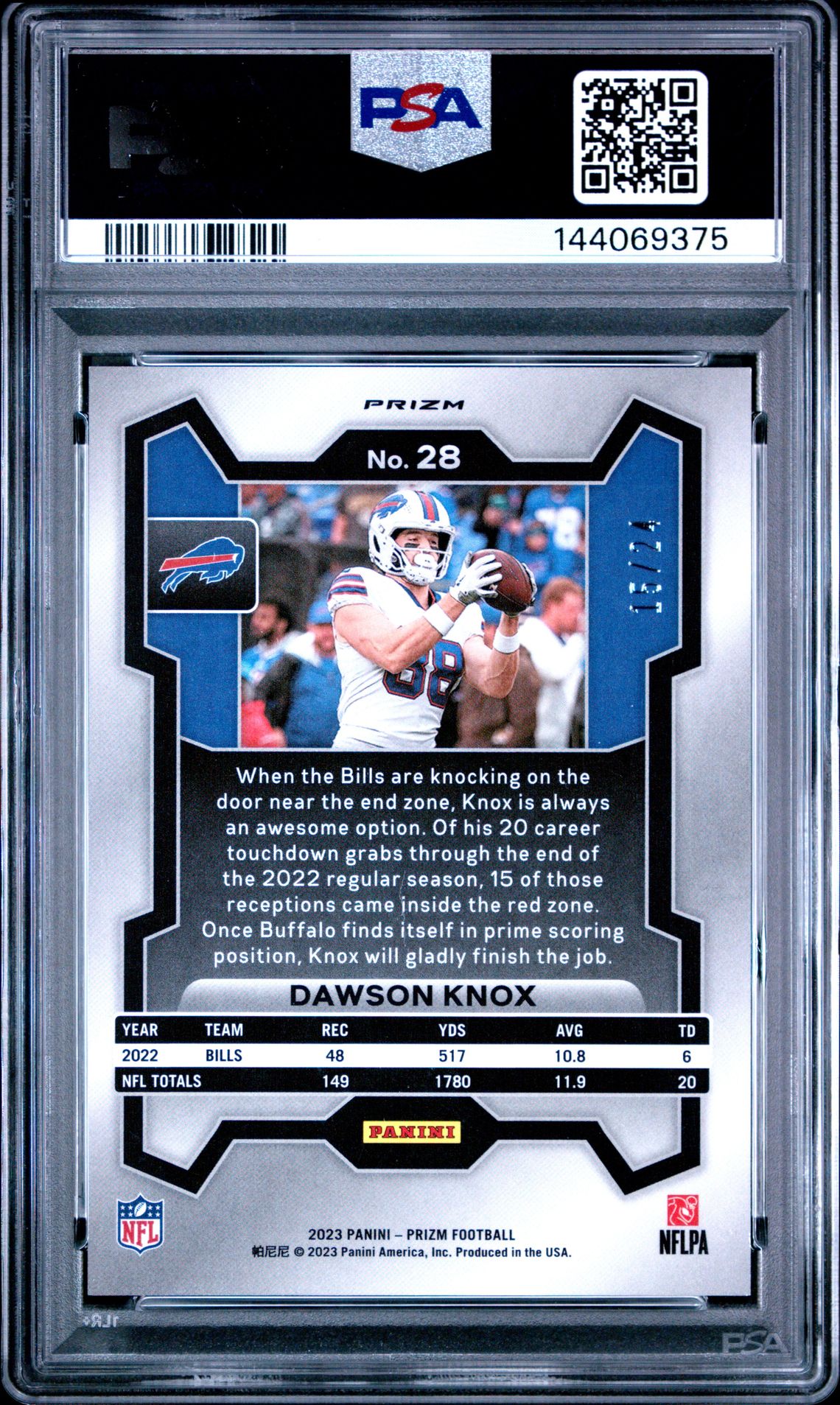 2023 Panini Prizm Dawson Knox #28 (Gold Sparkle) Gem Mt 10 back view - PSA certificate #144069375