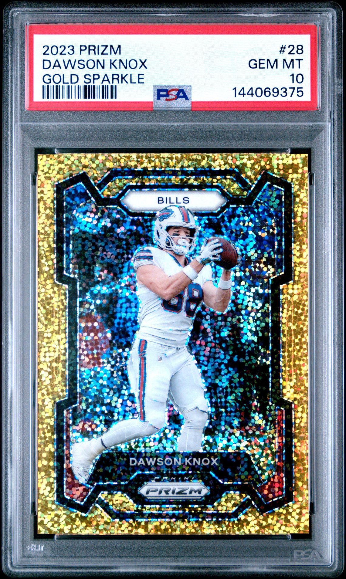 2023 Panini Prizm Dawson Knox #28 (Gold Sparkle) Gem Mt 10 front view - PSA graded GEM MT 10