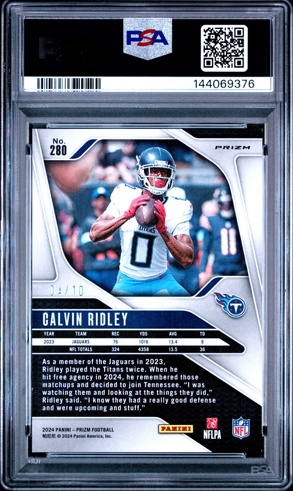 2024 Panini Prizm Calvin Ridley #280 (Gold Shimmer) Mint 9 back