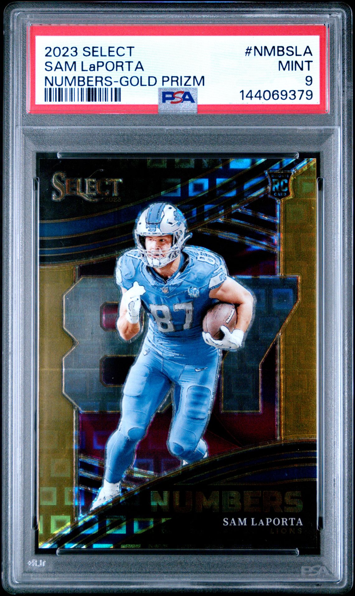 2023 Panini Select Select Numbers Sam Laporta #Nmbsla (Numbers-Gold Prizm) Mint 9 front
