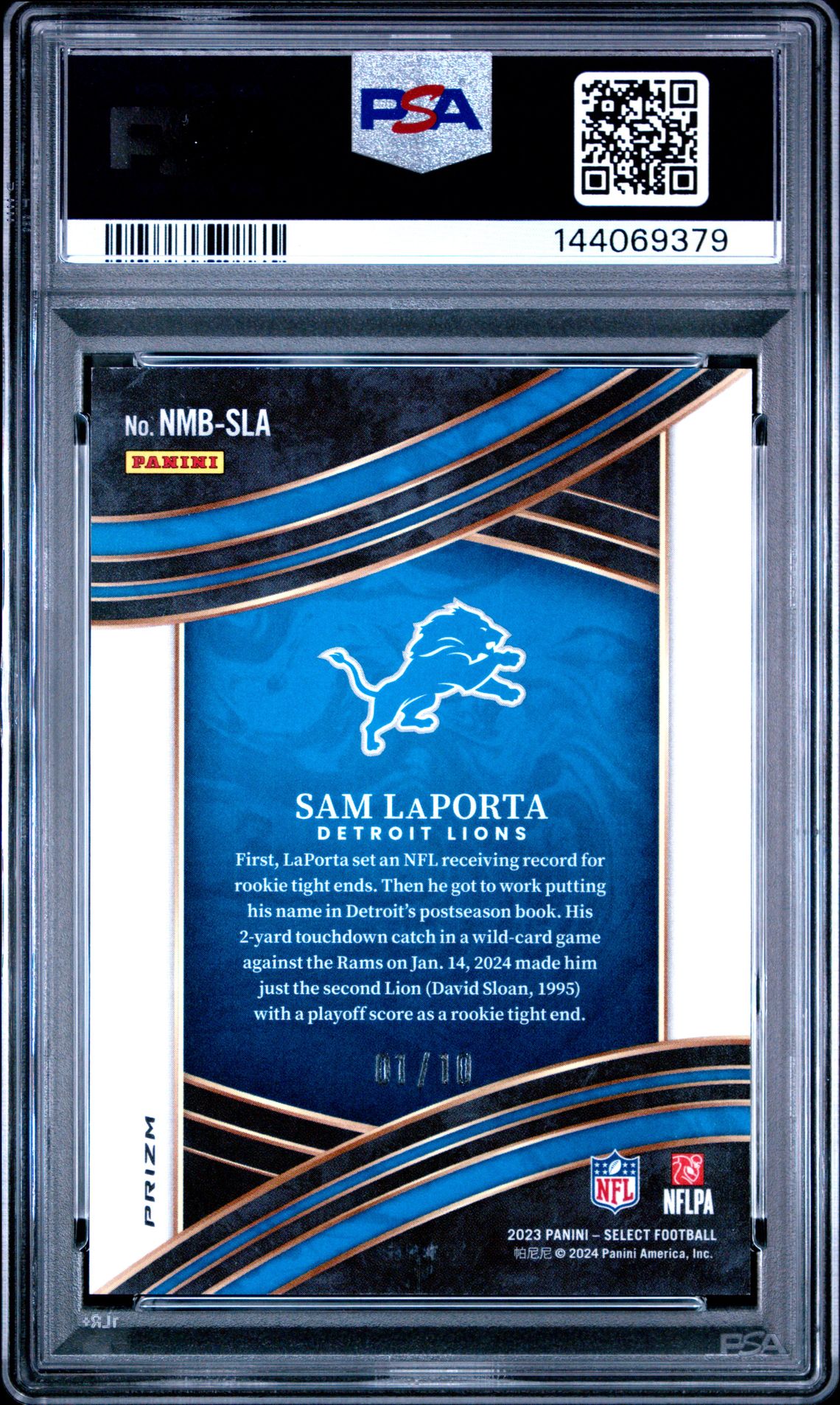 2023 Panini Select Select Numbers Sam Laporta #Nmbsla (Numbers-Gold Prizm) Mint 9 back