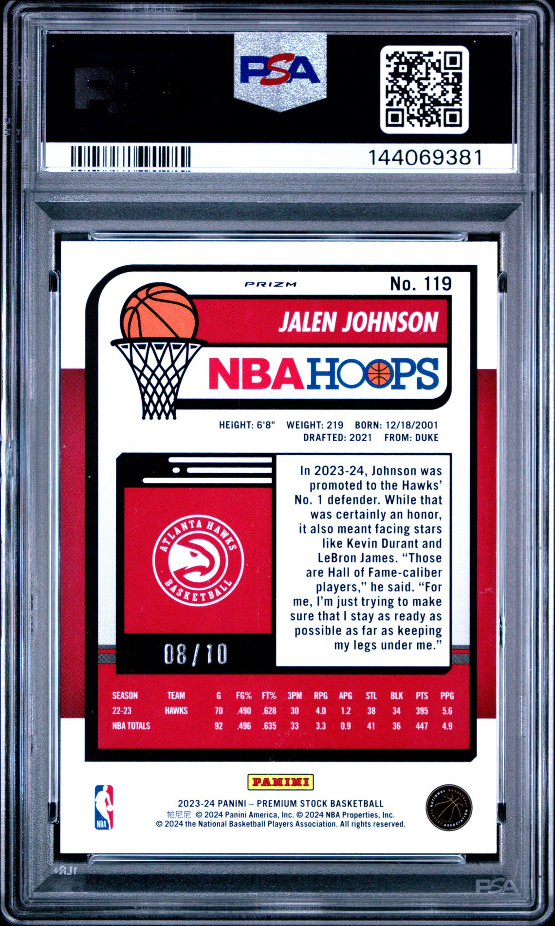 2023 Panini Hoops Premium Stock Jalen Johnson #119 (Gold Pulsar) Mint 9 back