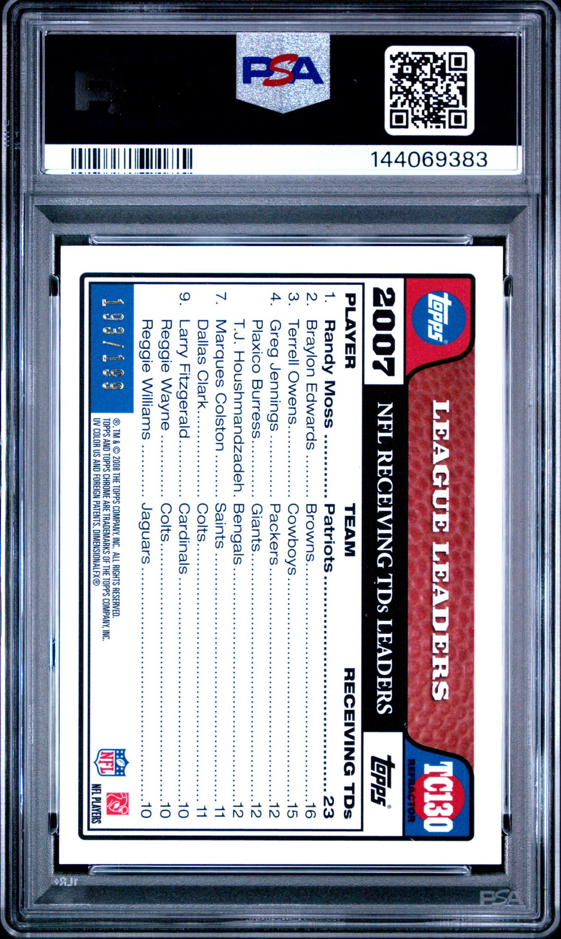 2008 Topps Chrome Randy Moss #Tc130 (Gold Refractor) Mint 9 back