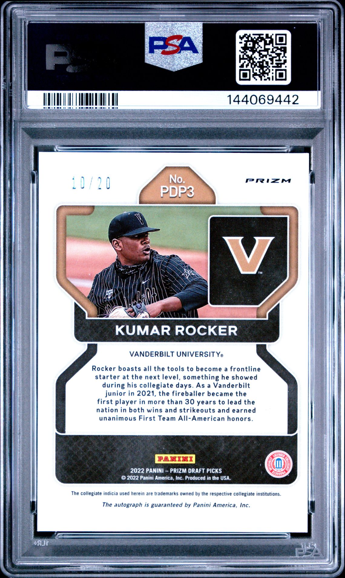 2022 Panini Prizm Draft Picks Kumar Rocker #Pdp3 (Auto-Neon Orange Prizm) Mint 9 back