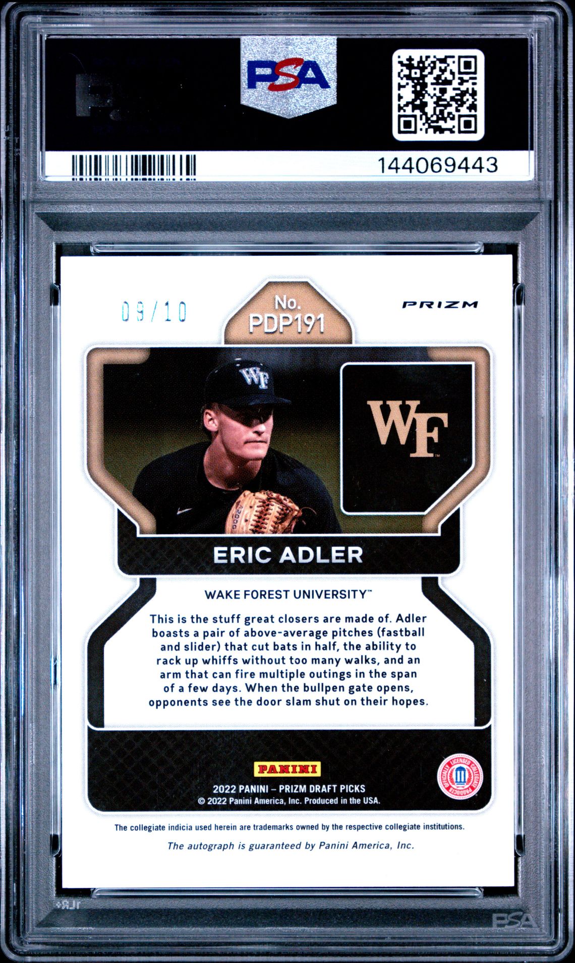 2022 Panini Prizm Draft Picks Eric Adler #Pdp191 (Autograph-Gold Prizm) Gem Mt 10 back view - PSA certificate #144069443