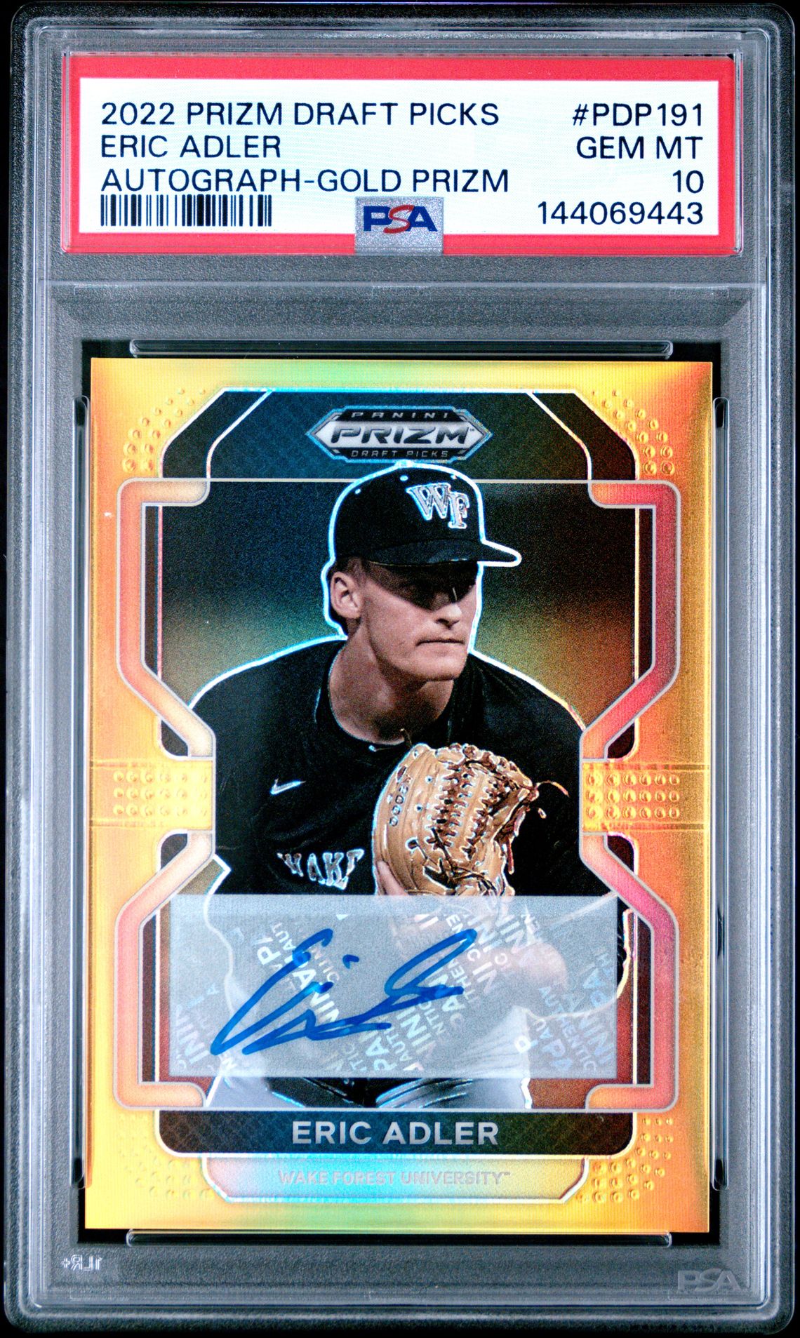 2022 Panini Prizm Draft Picks Eric Adler #Pdp191 (Autograph-Gold Prizm) Gem Mt 10 front view - PSA graded GEM MT 10