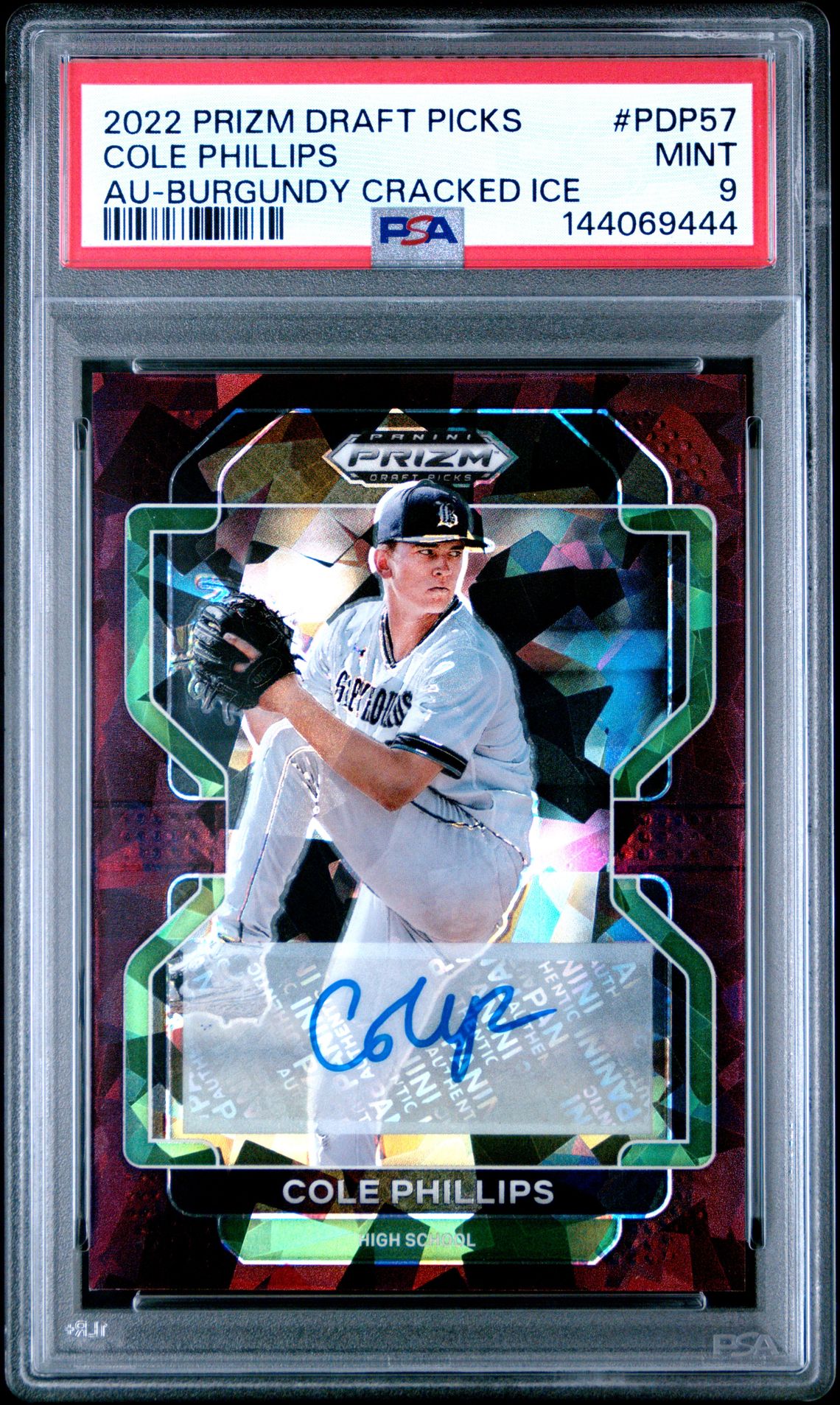 2022 Panini Prizm Draft Picks Cole Phillips #Pdp57 (Au-Burgundy Cracked Ice) Mint 9 front