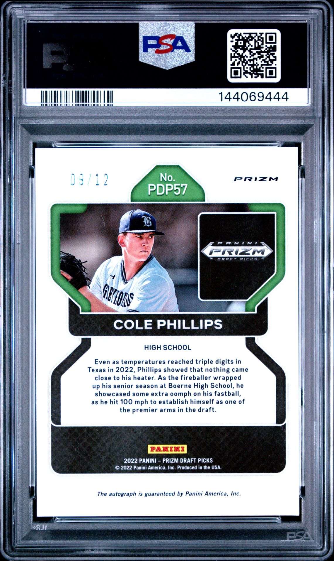 2022 Panini Prizm Draft Picks Cole Phillips #Pdp57 (Au-Burgundy Cracked Ice) Mint 9 back