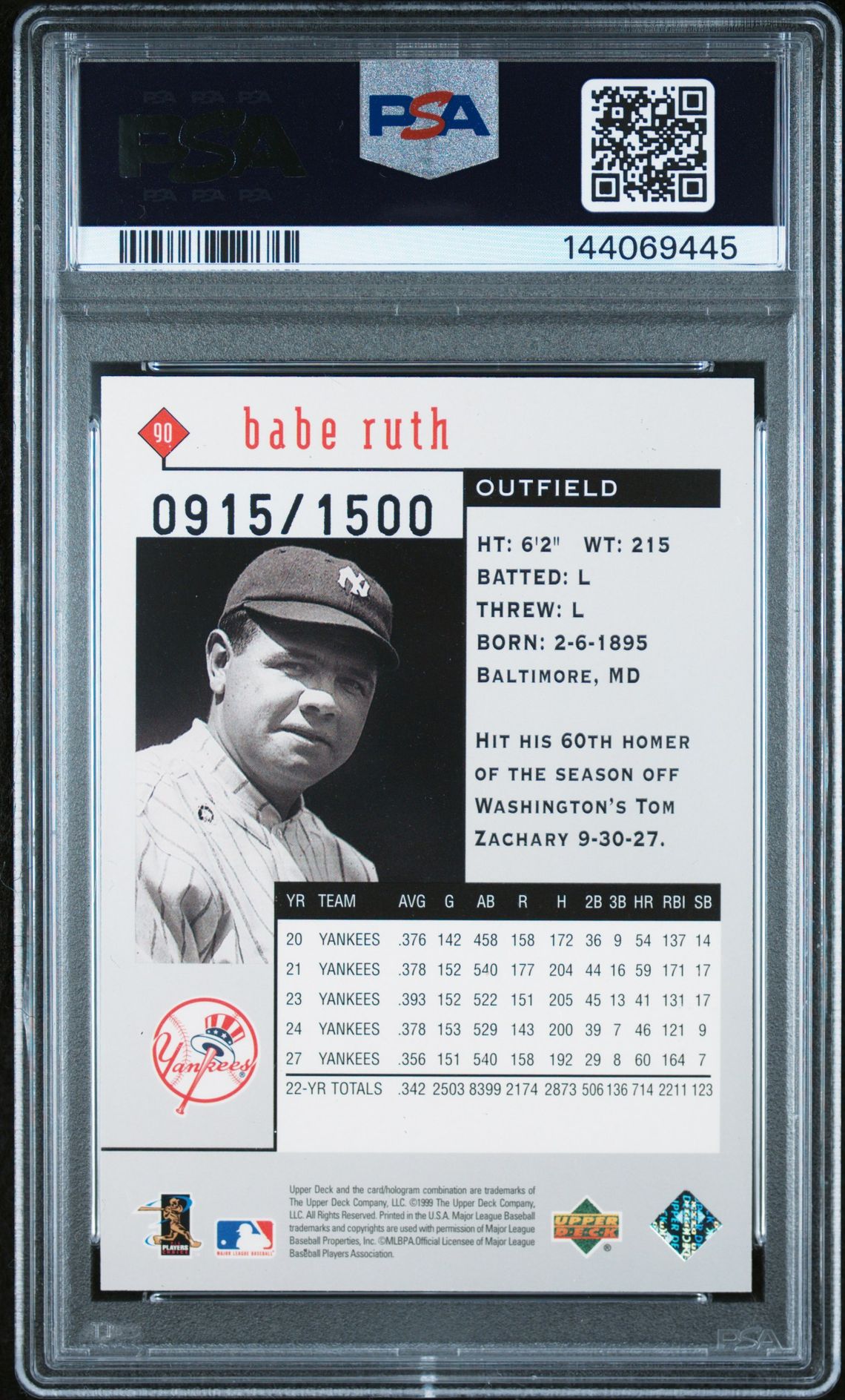 1999 Upper Deck Black Diamond Babe Ruth #90 (Triple) Mint 9 back