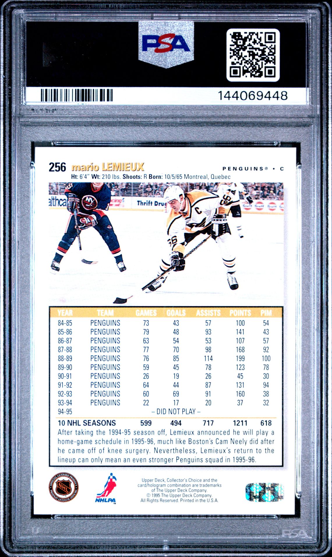 1995 Collector's Choice Mario Lemieux #256 (Platinum Player's Club) Mint 9 back