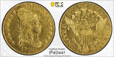 1798 $5 Large 8, 14 Star Reverse AU55