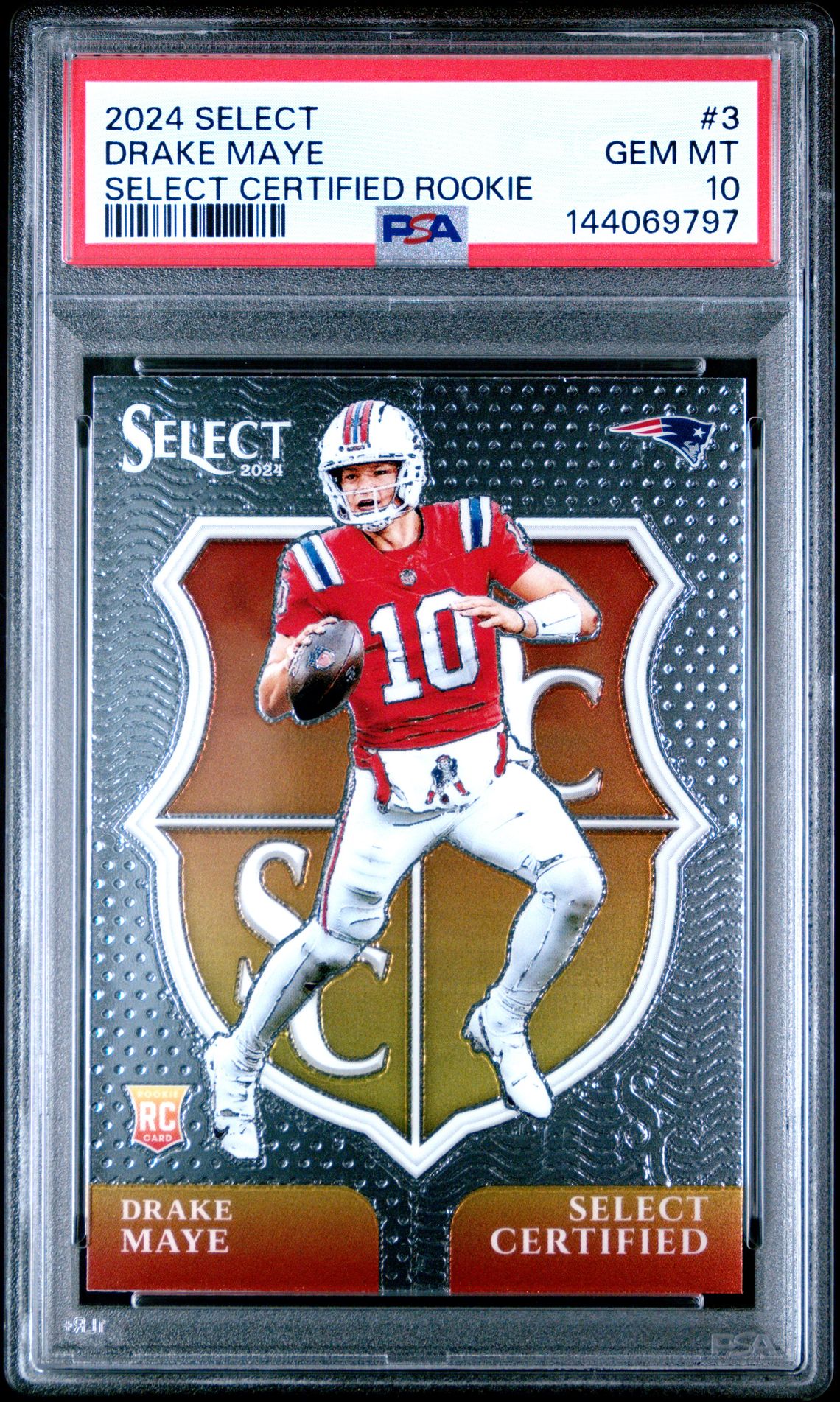 2024 Panini Select Select Certified Rookies Drake Maye #3 Gem Mt 10 front view - PSA graded GEM MT 10