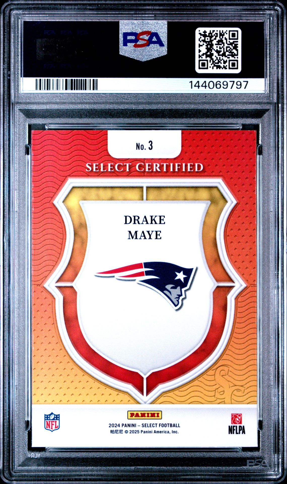 2024 Panini Select Select Certified Rookies Drake Maye #3 Gem Mt 10 back view - PSA certificate #144069797