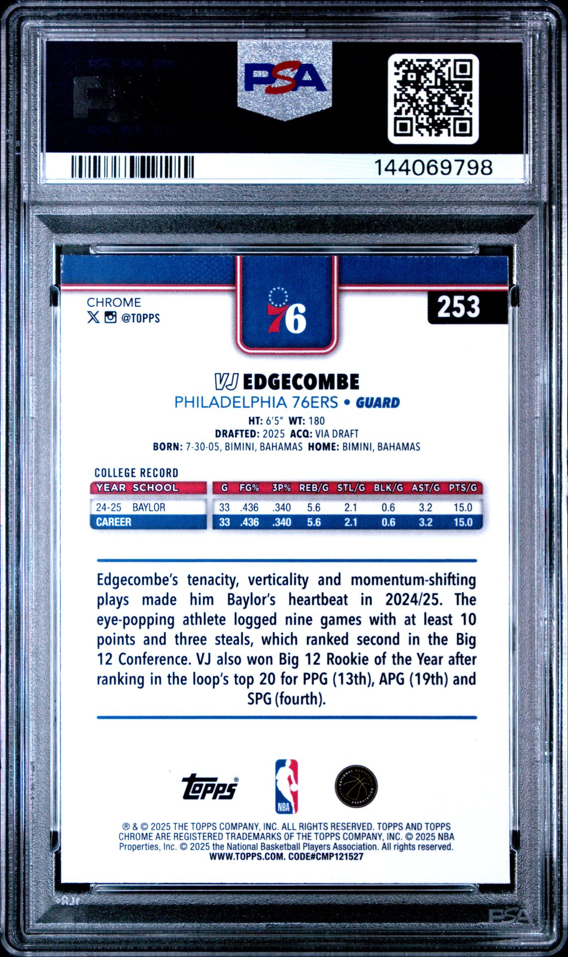 2025 Topps Chrome Vj Edgecombe #253 Gem Mt 10 back