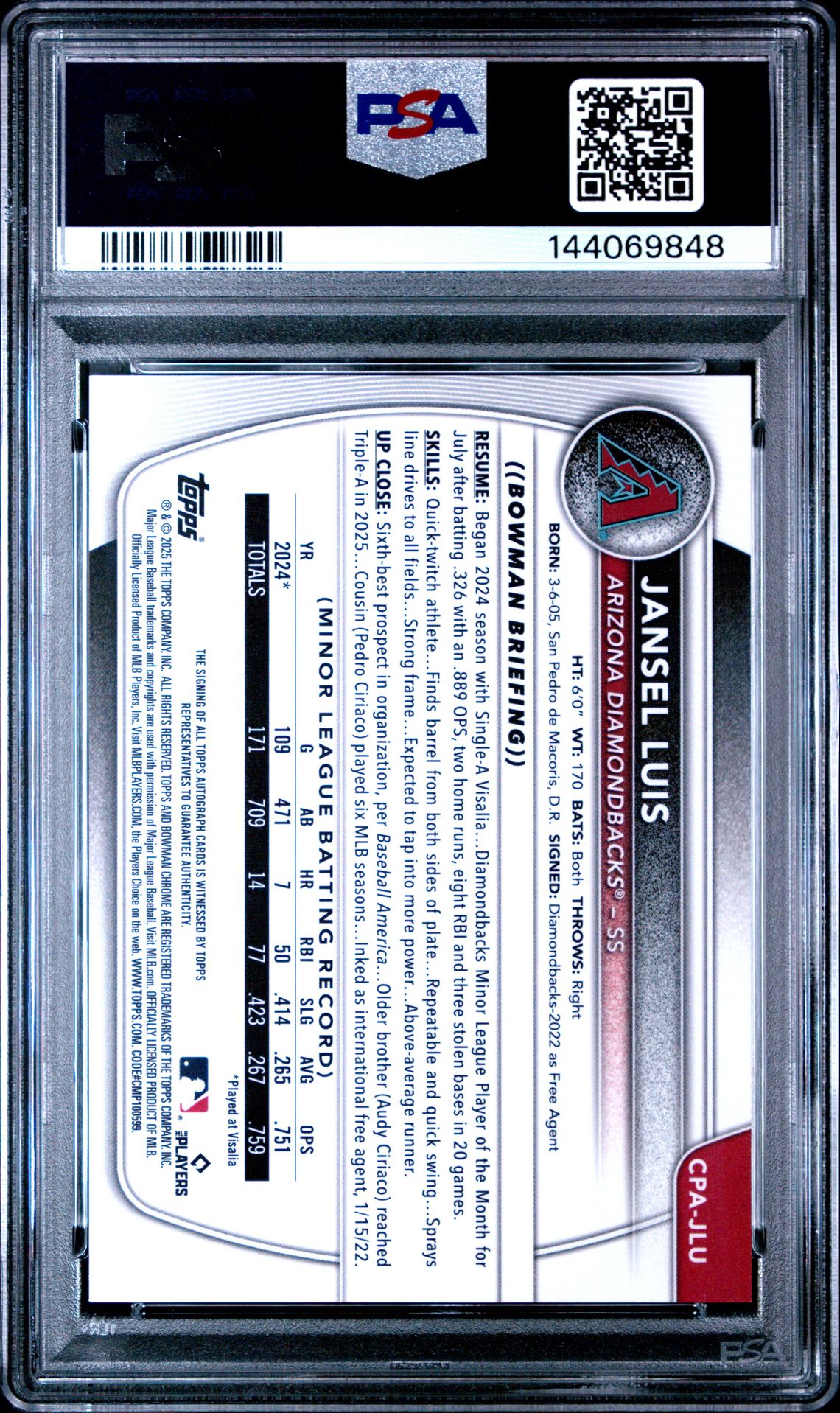 2025 Bowman Chrome Prospect Autographs Jansel Luis #Cpajlu (Chr Pros Au-Blue X-Fractor) Mint 9 back