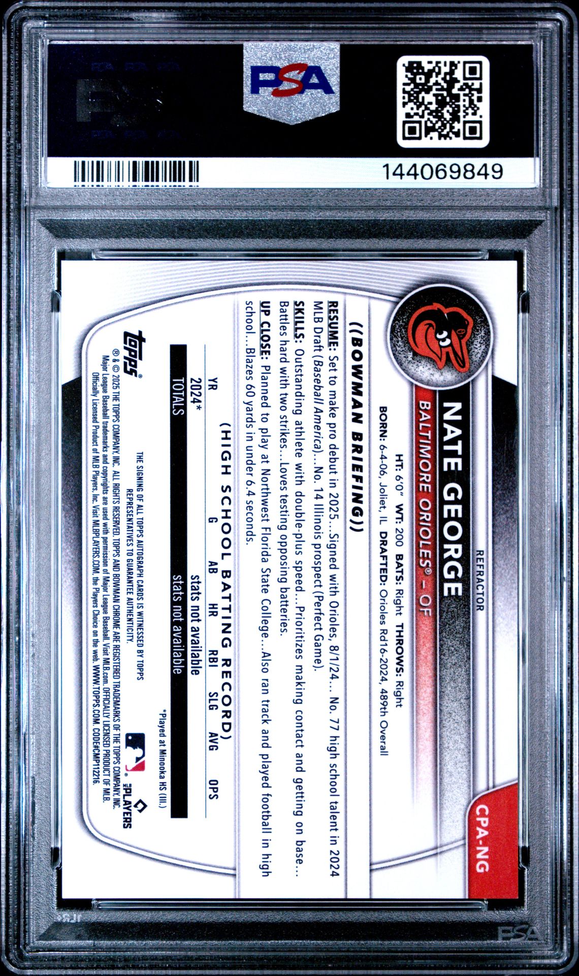 2025 Bowman Chrome Prospect Autographs Nate George #Cpang (Chrome Pros Au-Refractor) Gem Mt 10 back view - PSA certificate #144069849