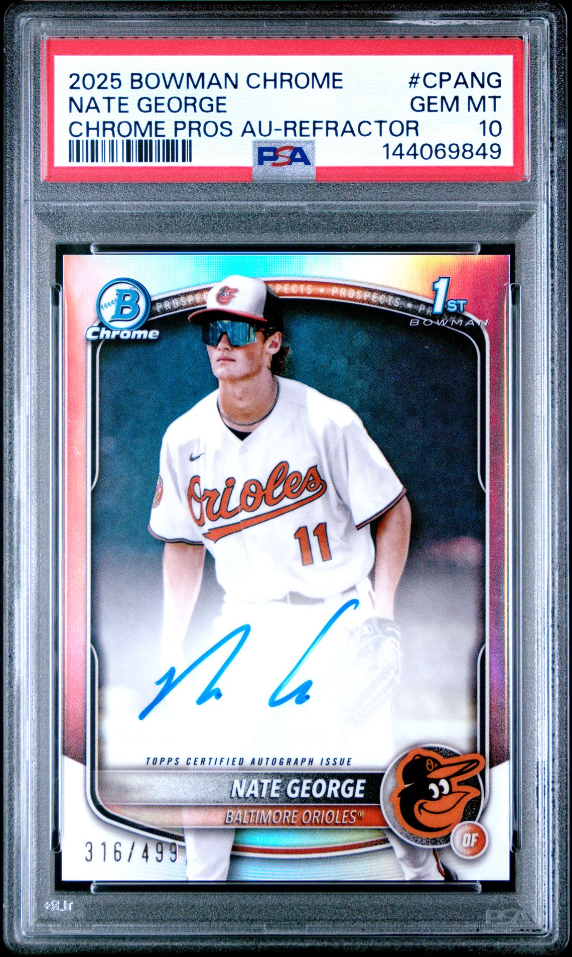 2025 Bowman Chrome Prospect Autographs Nate George #Cpang (Chrome Pros Au-Refractor) Gem Mt 10 front view - PSA graded GEM MT 10