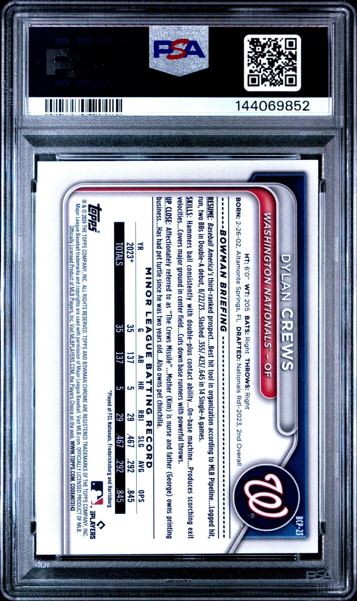 2024 Bowman Chrome Prospects Dylan Crews #Bcp23 Gem Mt 10 back view - PSA certificate #144069852