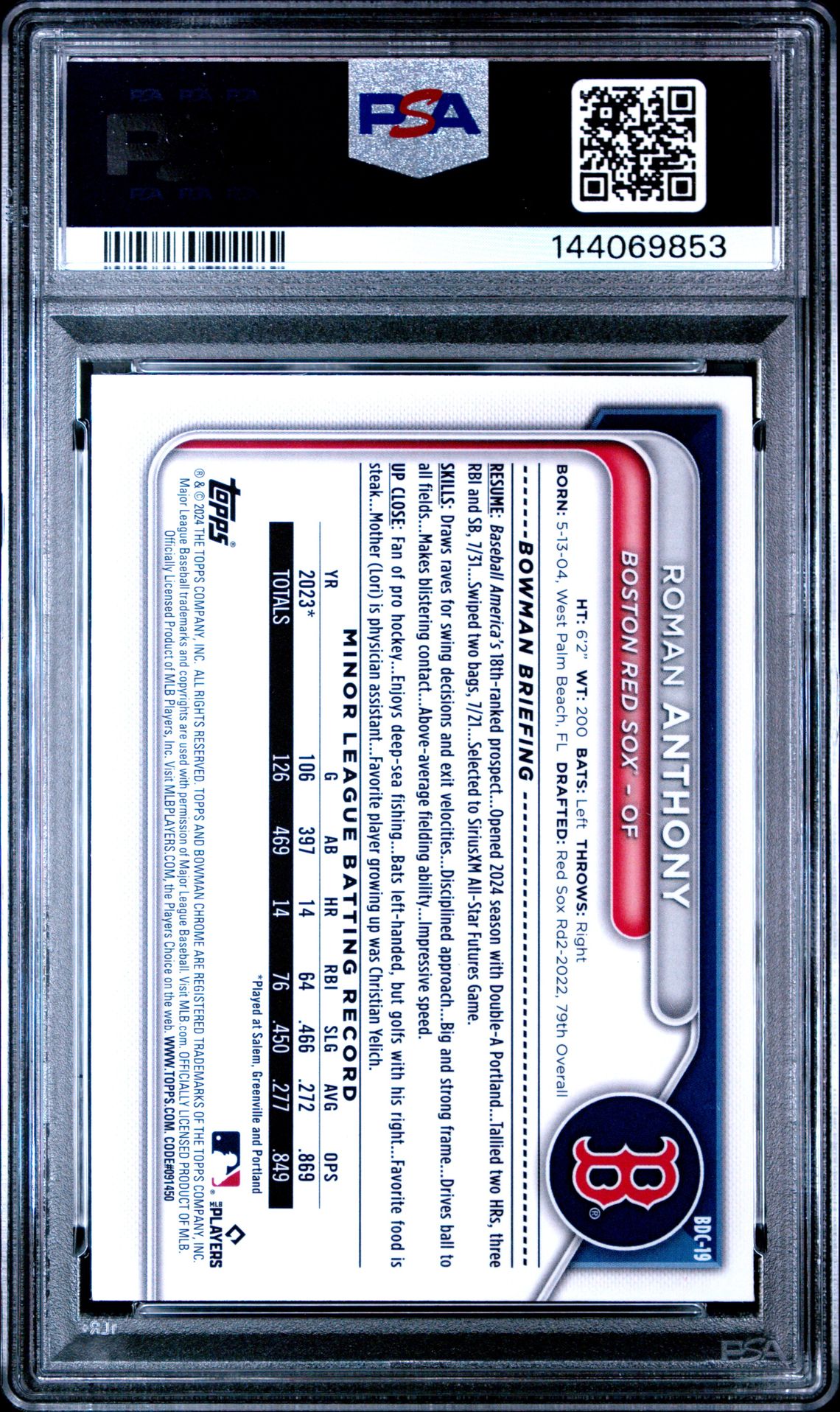 2024 Bowman Draft Roman Anthony #Bdc19 (Chrome-Blue Refractor) Gem Mt 10 back