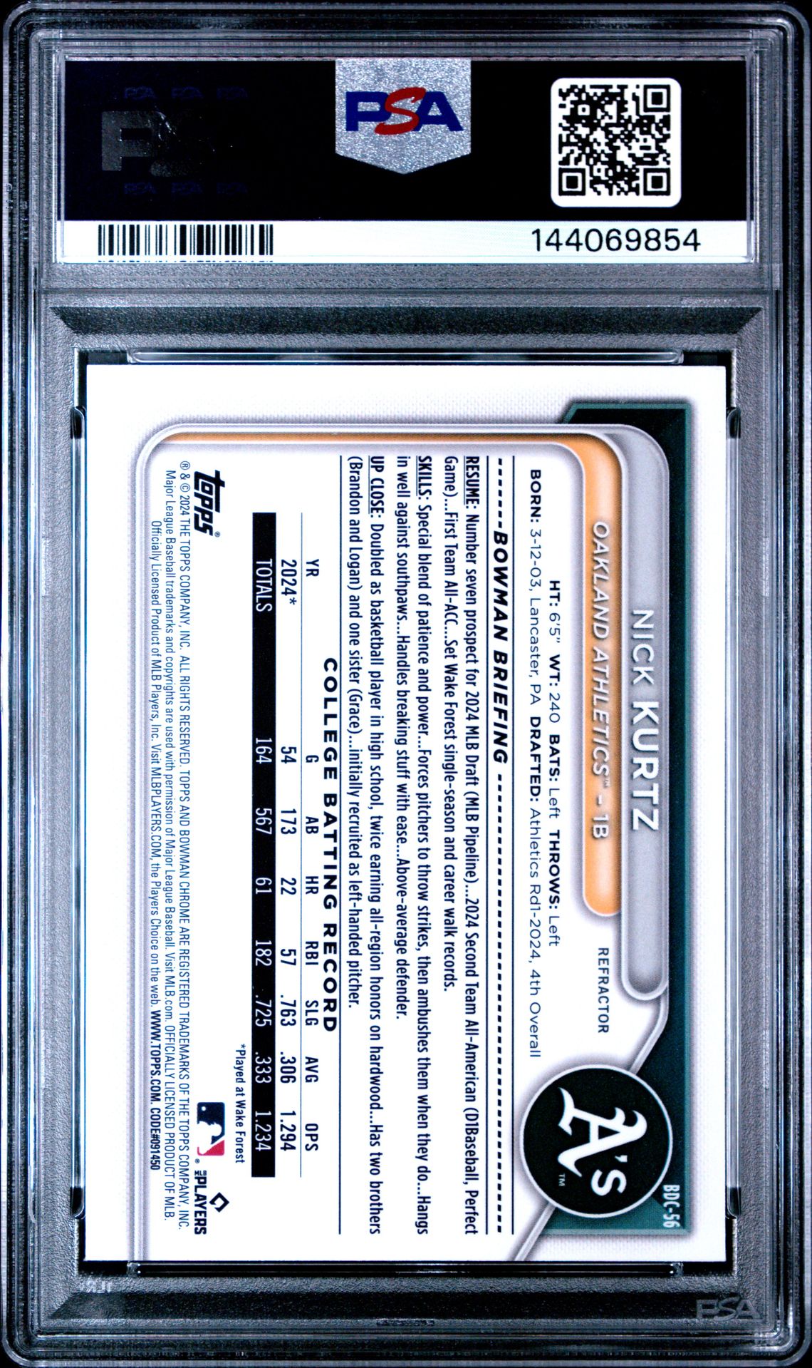 2024 Bowman Draft Nick Kurtz #Bdc56 (Chrome-Refractor) Mint 9 back