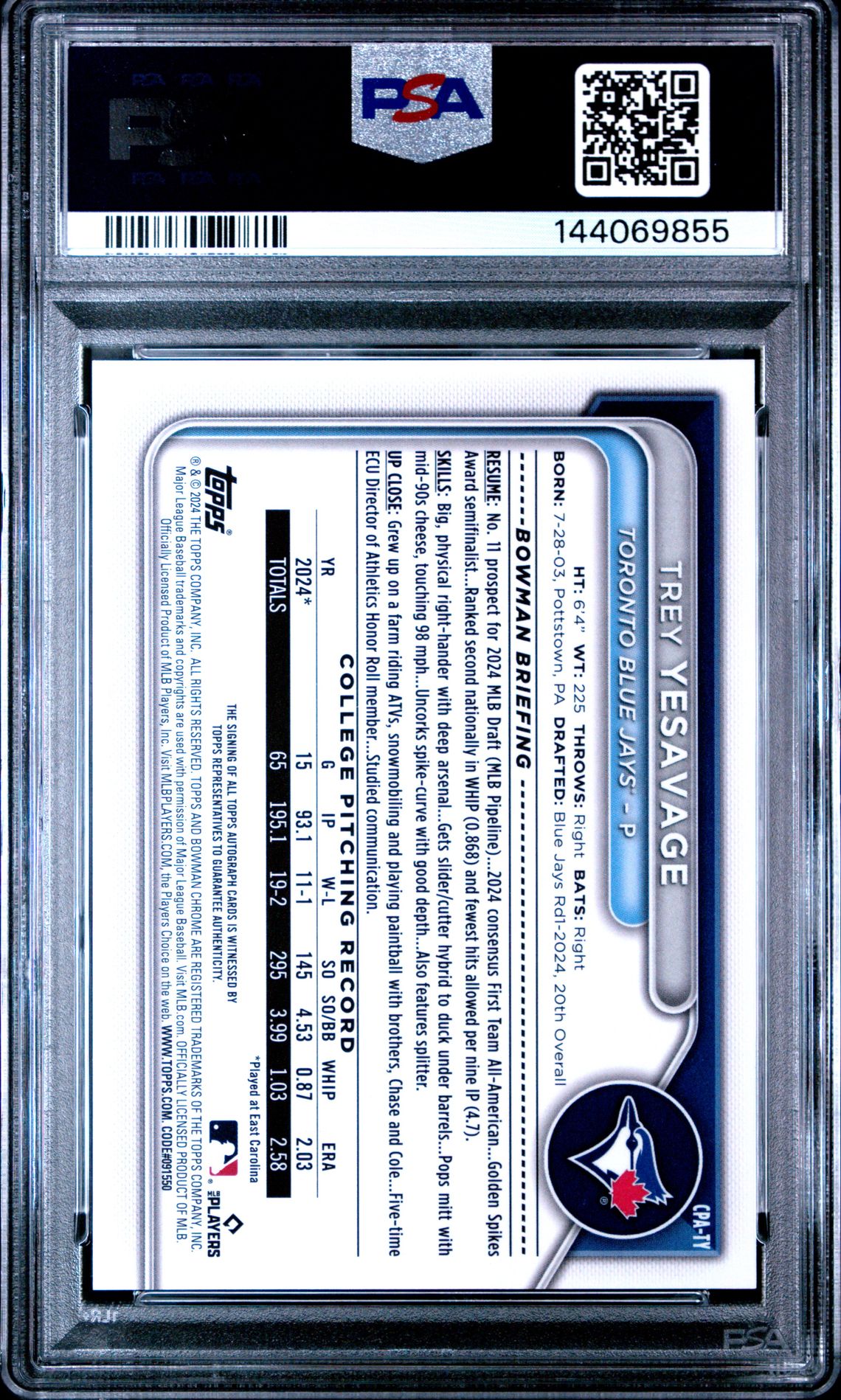 2024 Bowman Draft Chrome Prospect Autographs Trey Yesavage #Cpaty Gem Mt 10 back