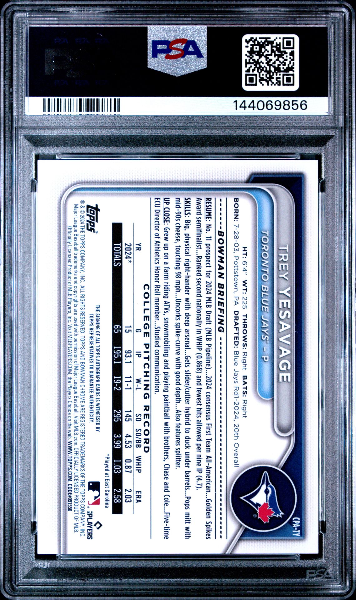 2024 Bowman Draft Chrome Prospect Autographs Trey Yesavage #Cpaty Gem Mt 10 back