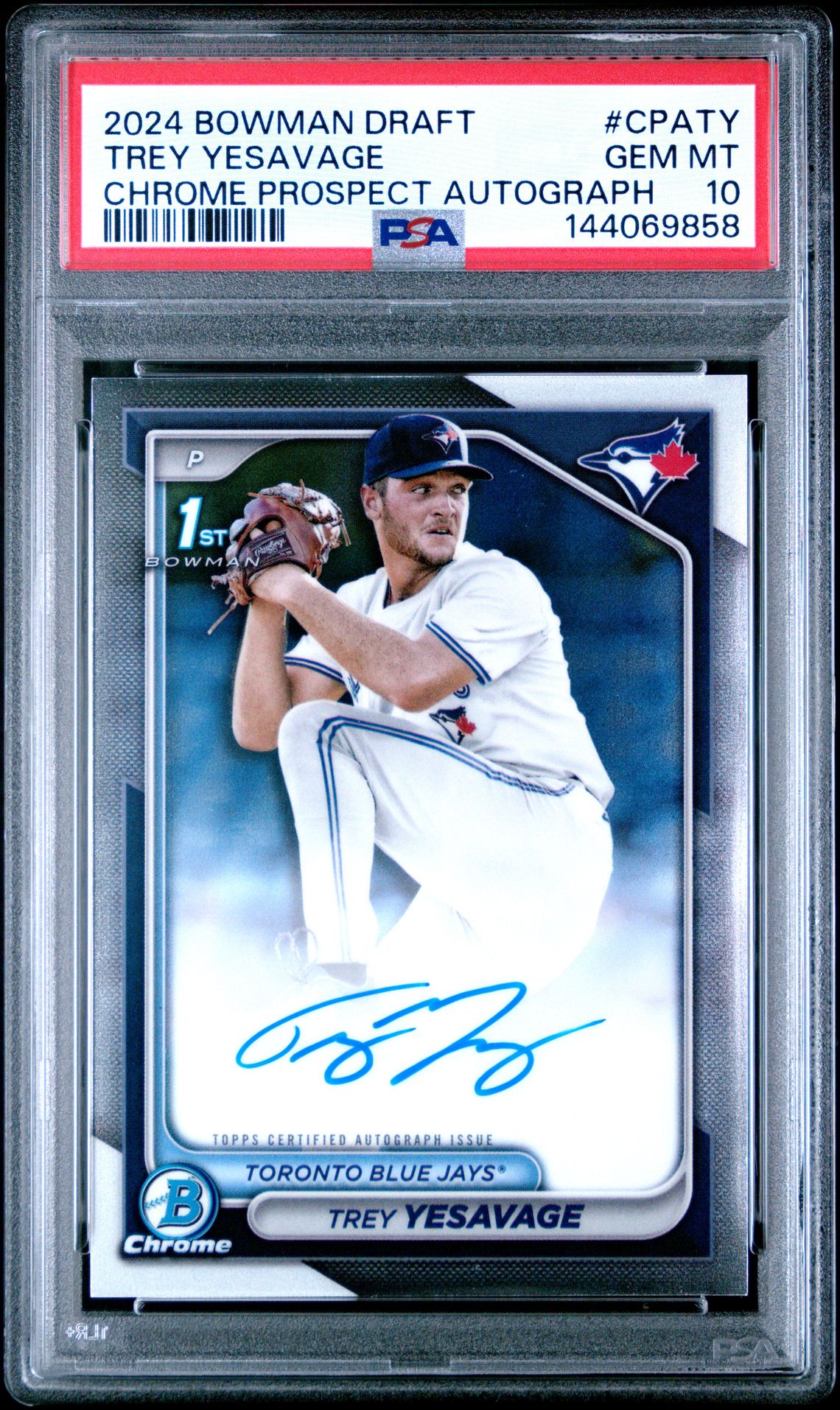 2024 Bowman Draft Chrome Prospect Autographs Trey Yesavage #Cpaty Gem Mt 10 front view - PSA graded GEM MT 10