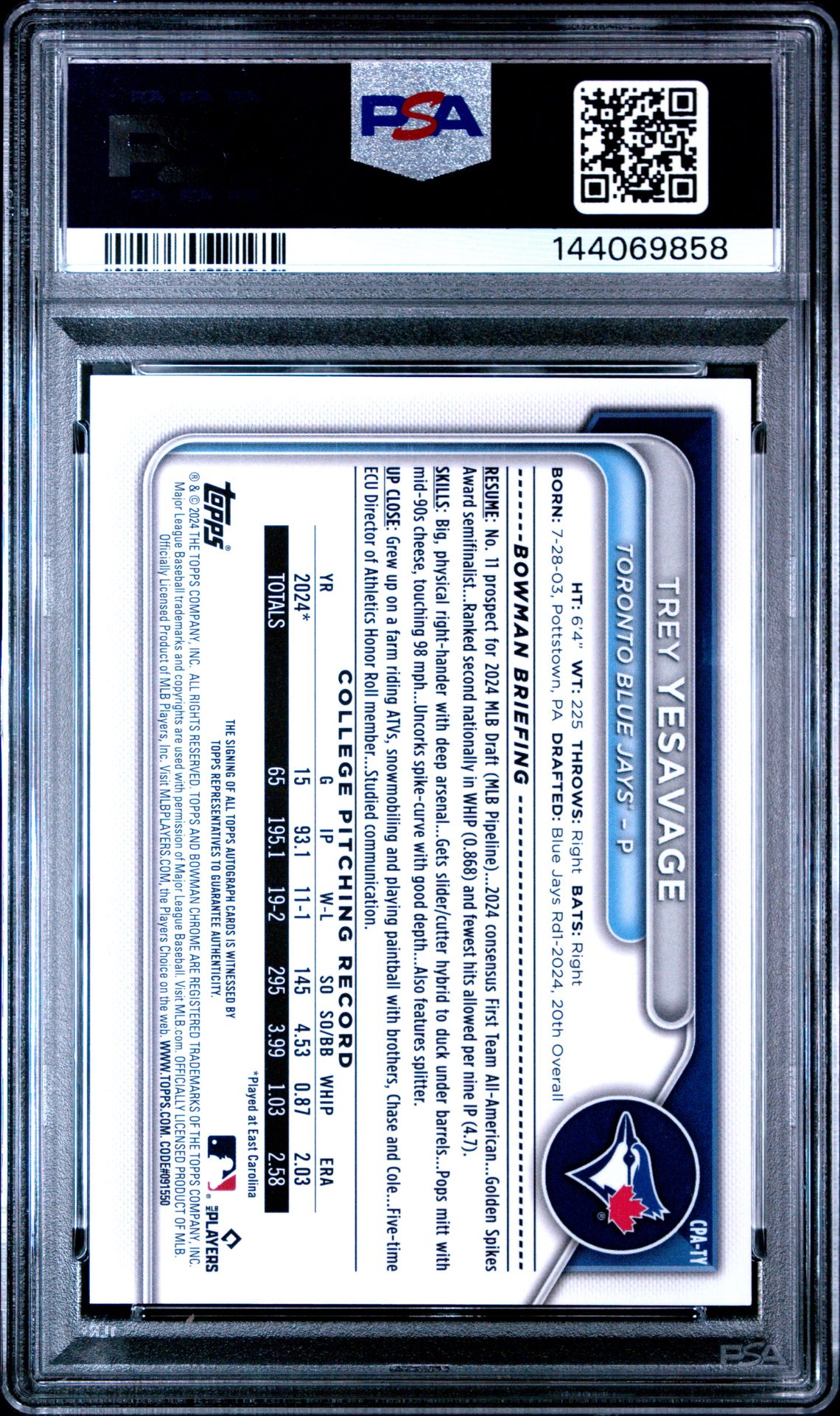 2024 Bowman Draft Chrome Prospect Autographs Trey Yesavage #Cpaty Gem Mt 10 back view - PSA certificate #144069858