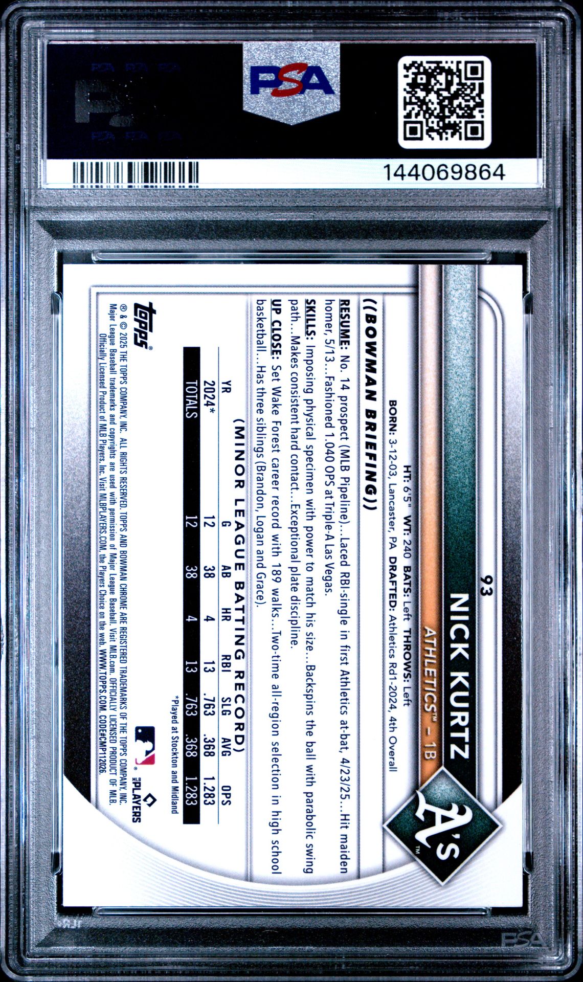 2025 Bowman Chrome Nick Kurtz #93 (Blue Geometric) Nm-Mt 8 back