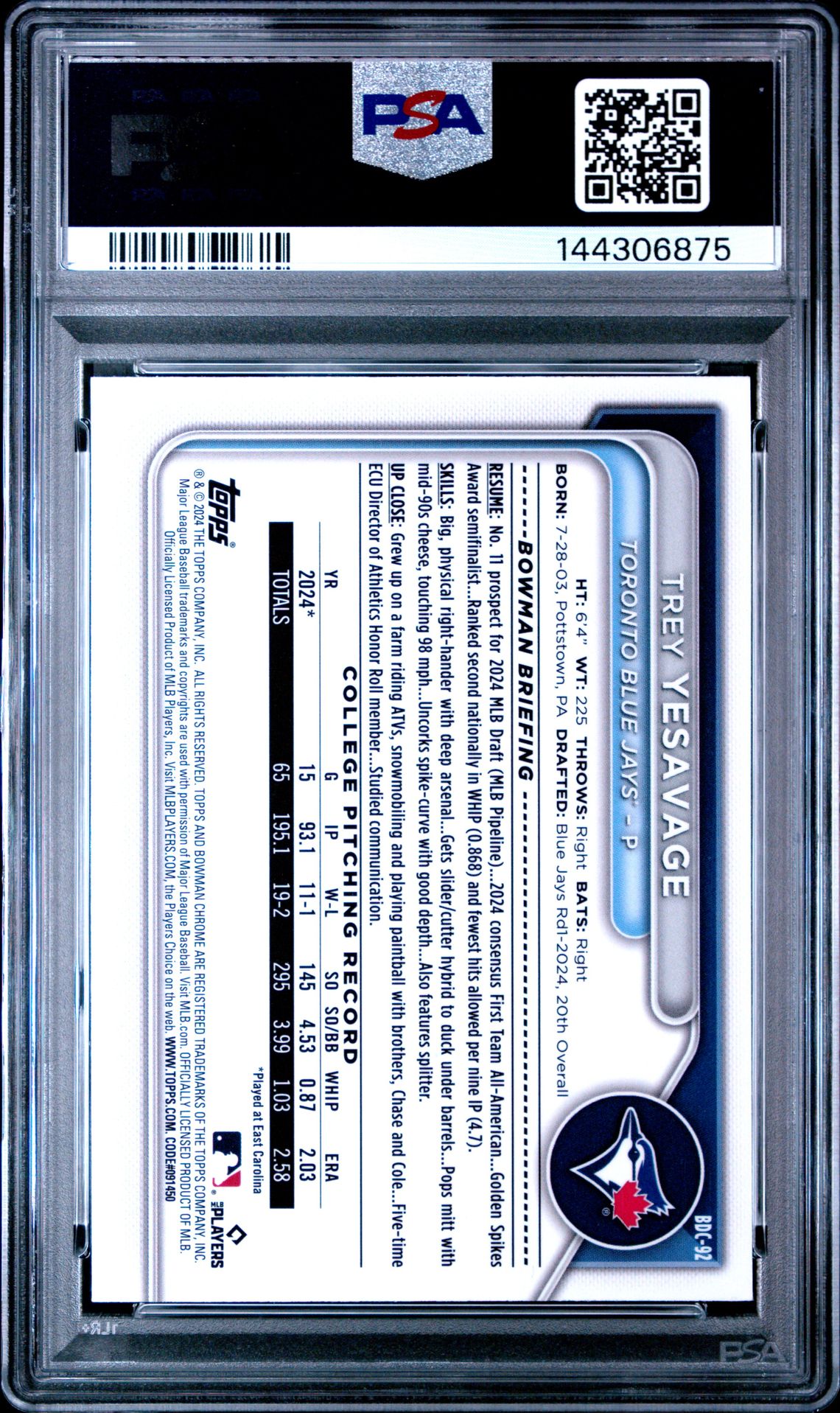 2024 Bowman Draft Trey Yesavage #Bdc92 (Chrome) Mint 9 back