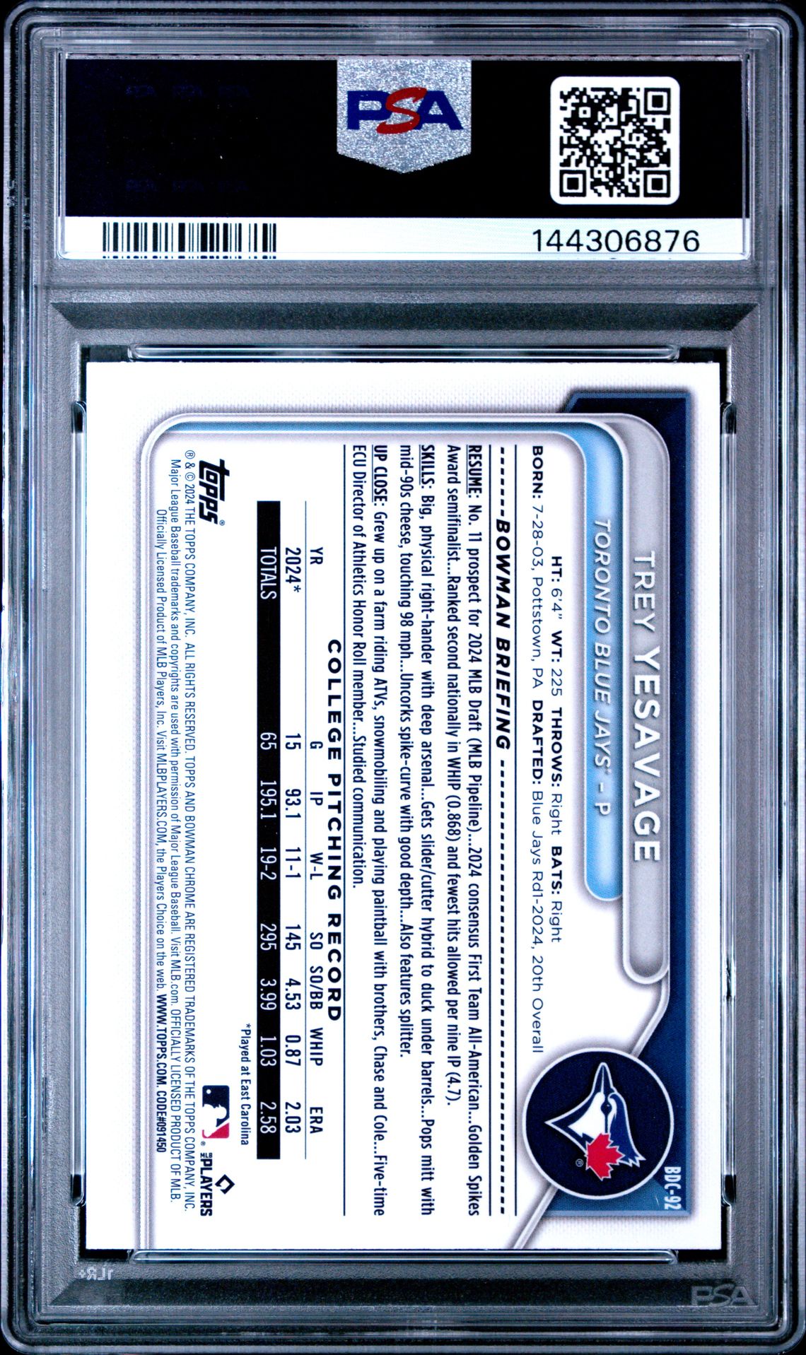 2024 Bowman Draft Trey Yesavage #Bdc92 (Chrome) Mint 9 back