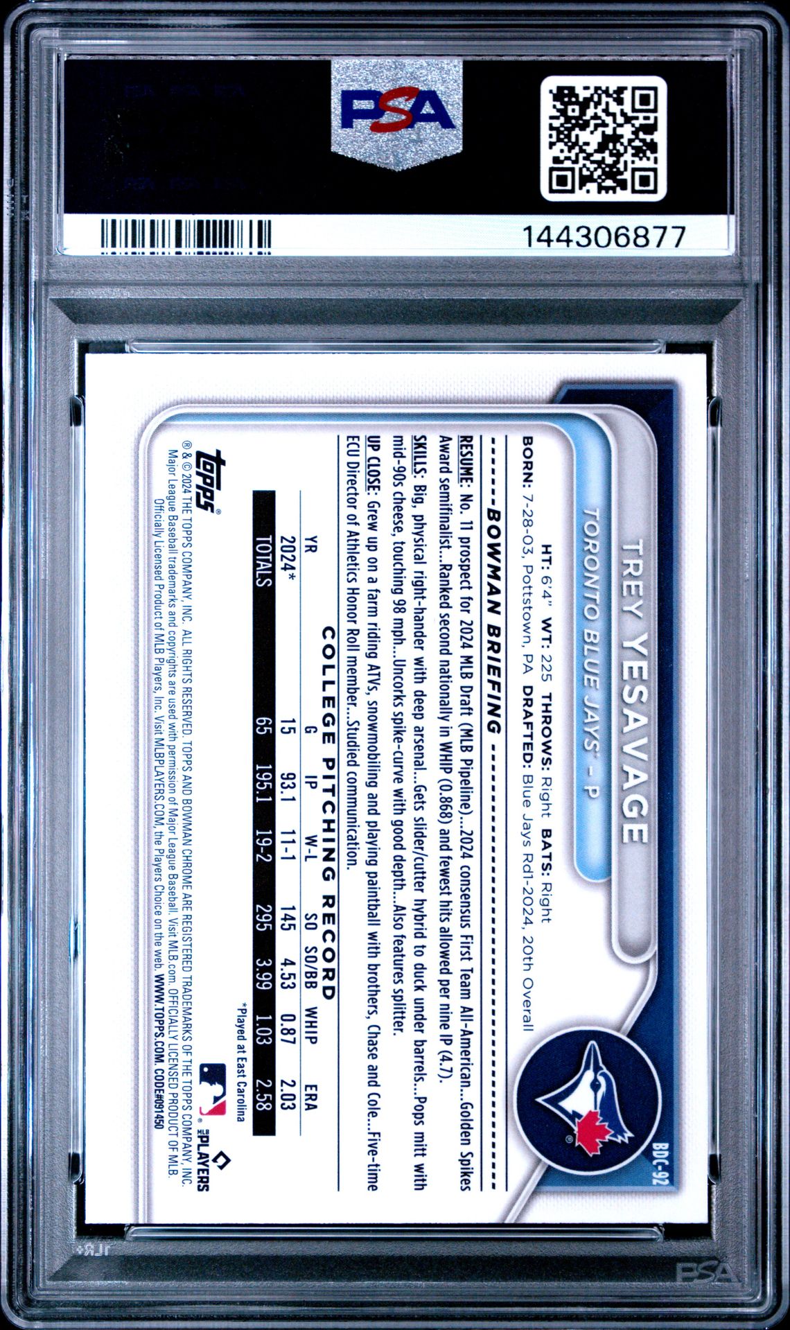 2024 Bowman Draft Trey Yesavage #Bdc92 (Chrome) Mint 9 back