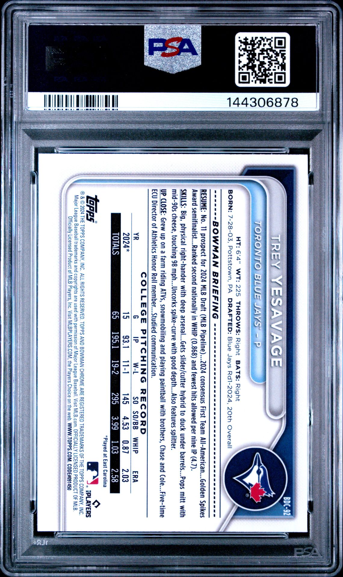 2024 Bowman Draft Trey Yesavage #Bdc92 (Chrome) Mint 9 back