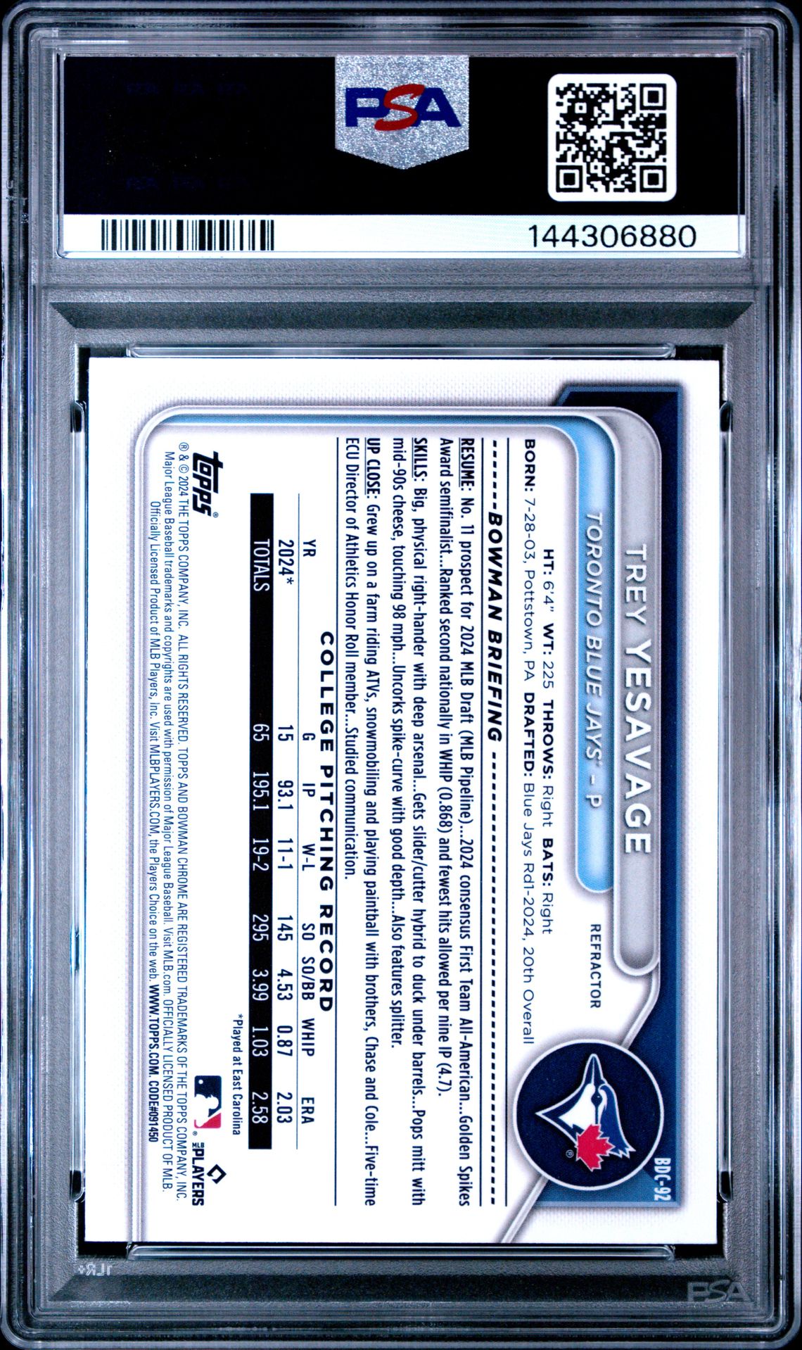 2024 Bowman Draft Trey Yesavage #Bdc92 (Chrome-Refractor) Mint 9 back