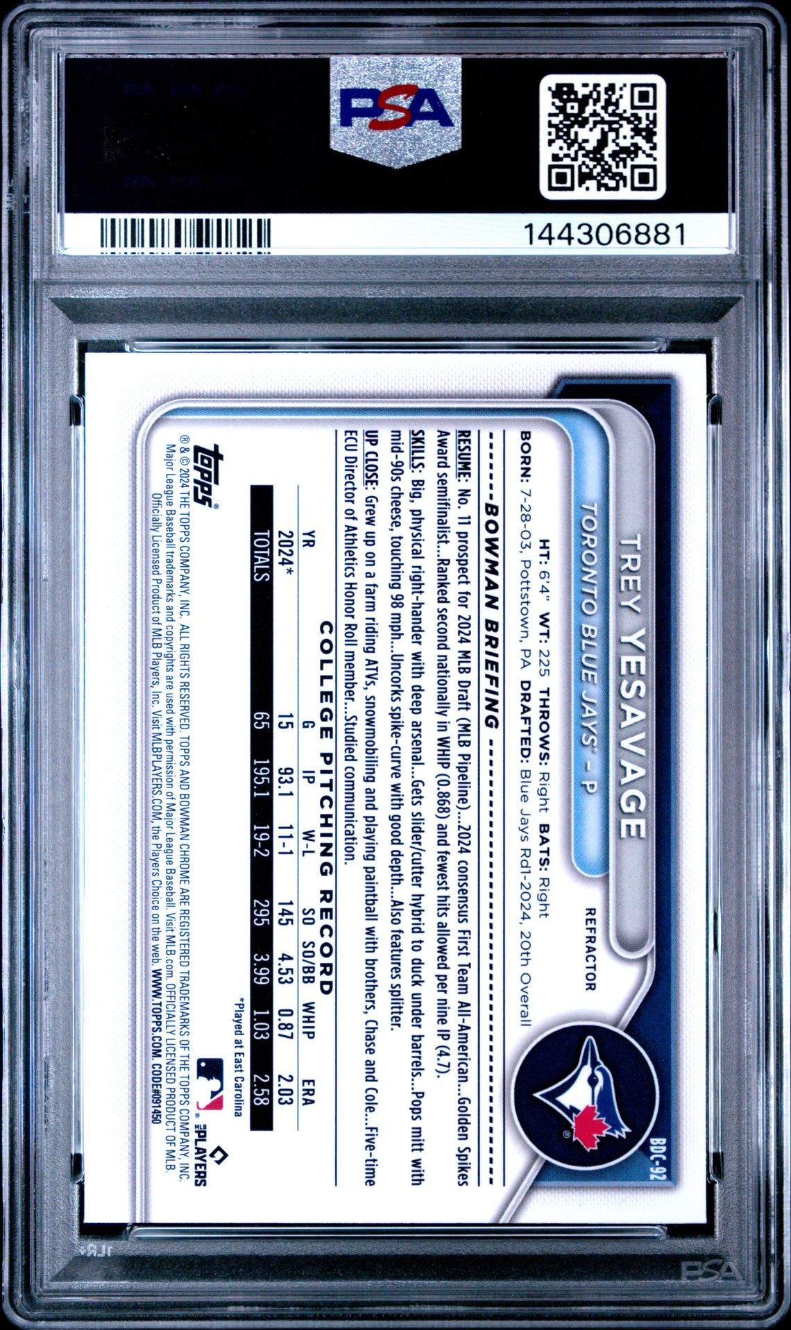 2024 Bowman Draft Trey Yesavage #Bdc92 (Chrome-Refractor) Mint 9 back