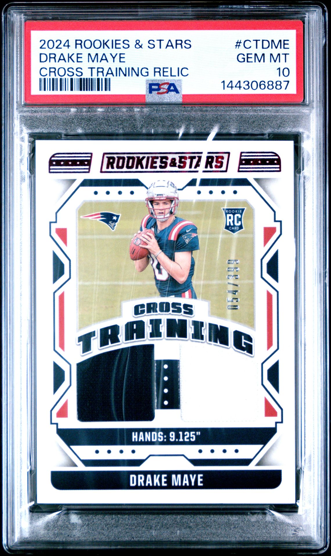 2024 Panini Rookies & Stars Cross Training Relics Drake Maye #Ctdme Gem Mt 10 front view - PSA graded GEM MT 10