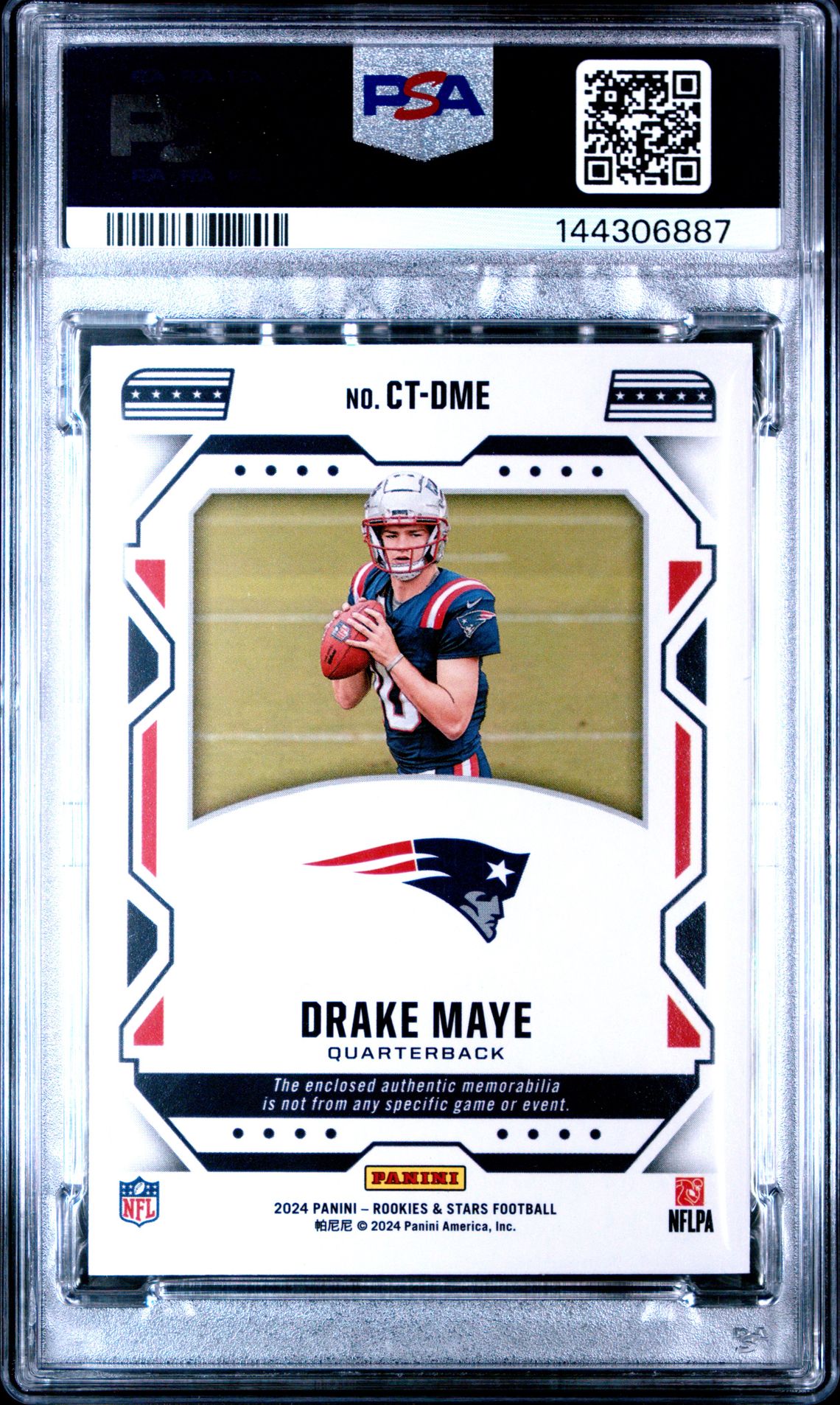 2024 Panini Rookies & Stars Cross Training Relics Drake Maye #Ctdme Gem Mt 10 back view - PSA certificate #144306887