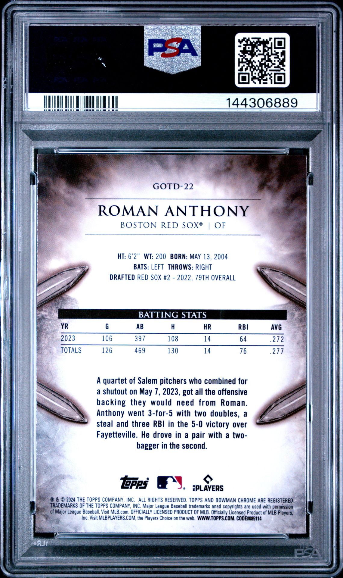 2024 Bowman Chrome Gladiators Of The Diamond Roman Anthony #22 Gem Mt 10 back