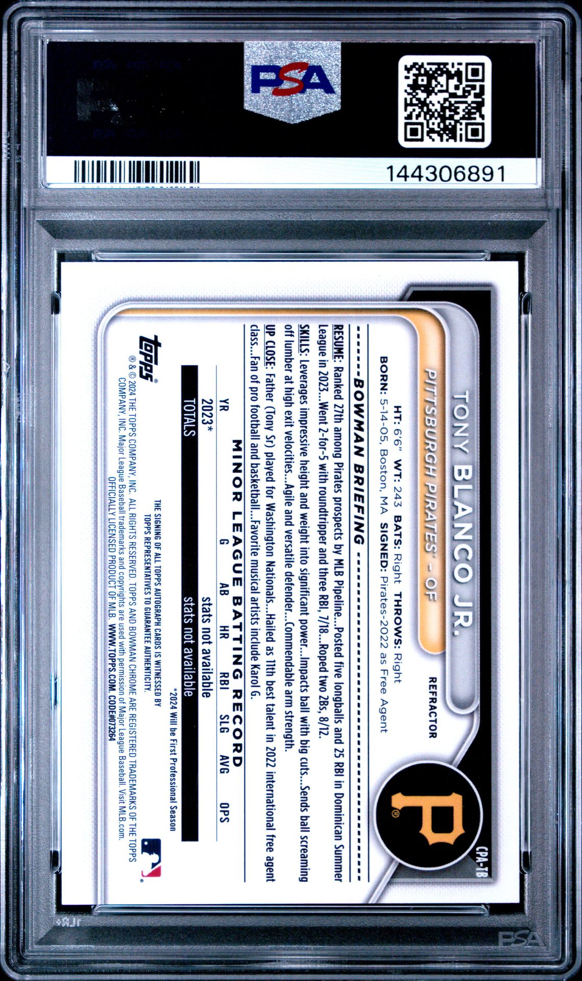 2024 Bowman Chrome Prospect Autographs Tony Blanco Jr. #Cpatb (Chrome Prspct Au-Refractor) Gem Mt 10 back