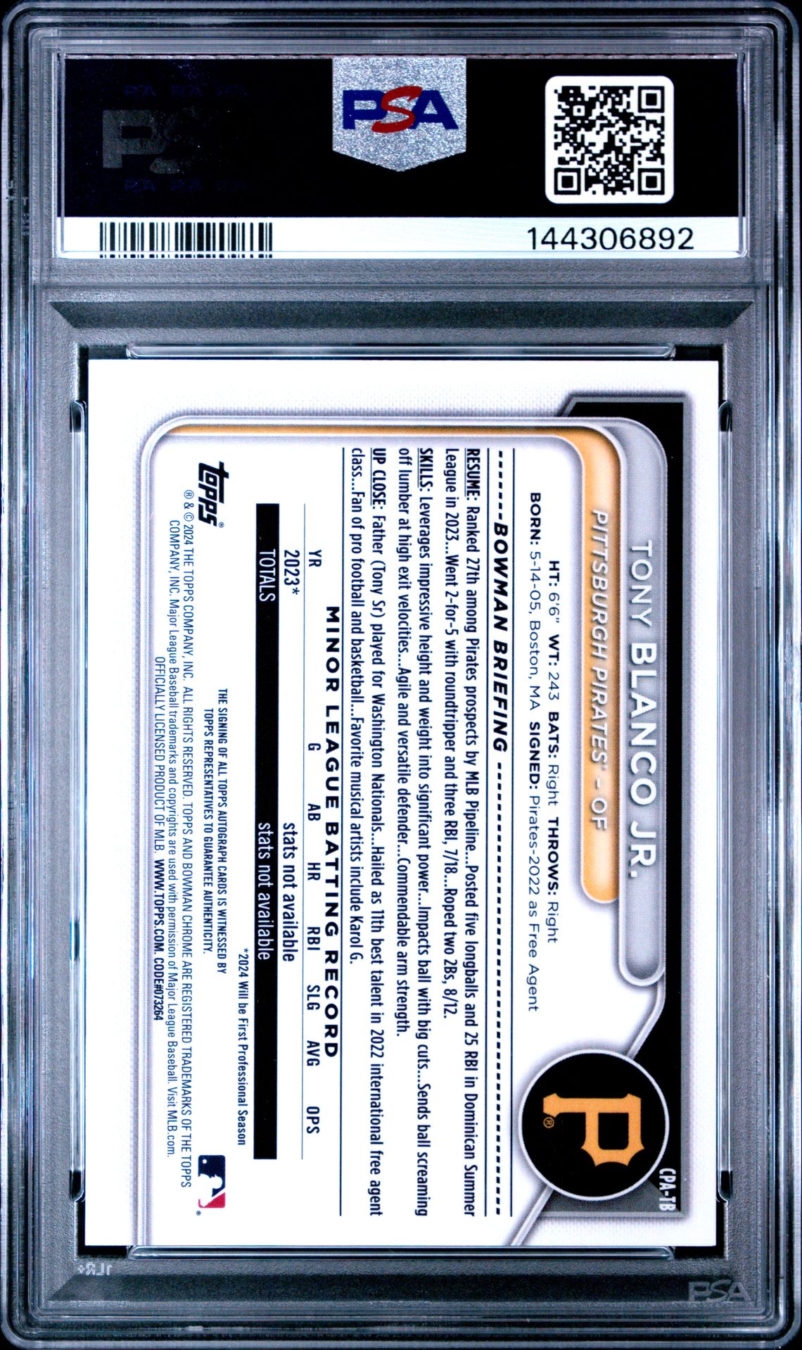 2024 Bowman Chrome Prospect Autographs Tony Blanco Jr. #Cpatb (Chrome Prospect Au-Blue Ref) Gem Mt 10 back view - PSA certificate #144306892