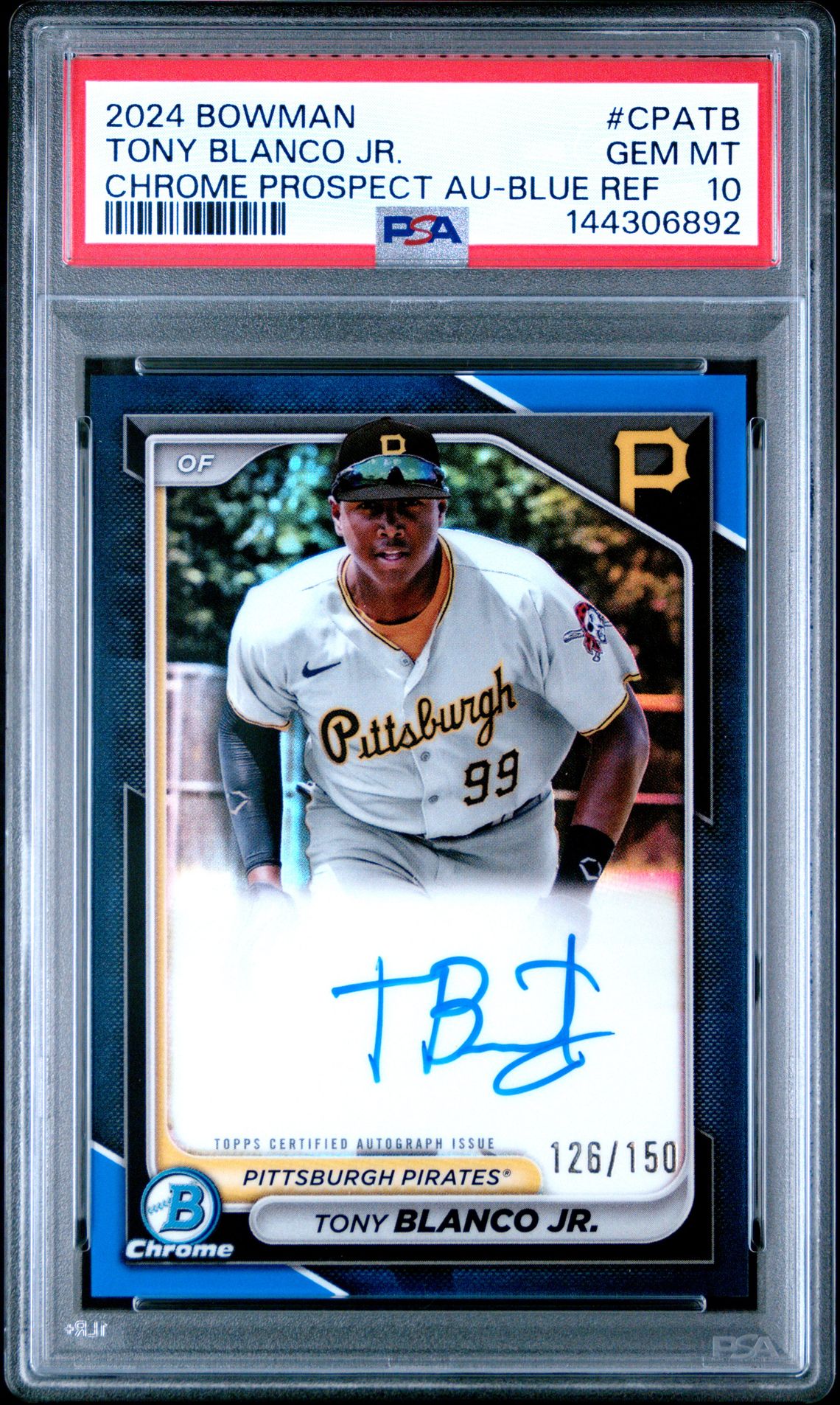 2024 Bowman Chrome Prospect Autographs Tony Blanco Jr. #Cpatb (Chrome Prospect Au-Blue Ref) Gem Mt 10 front view - PSA graded GEM MT 10