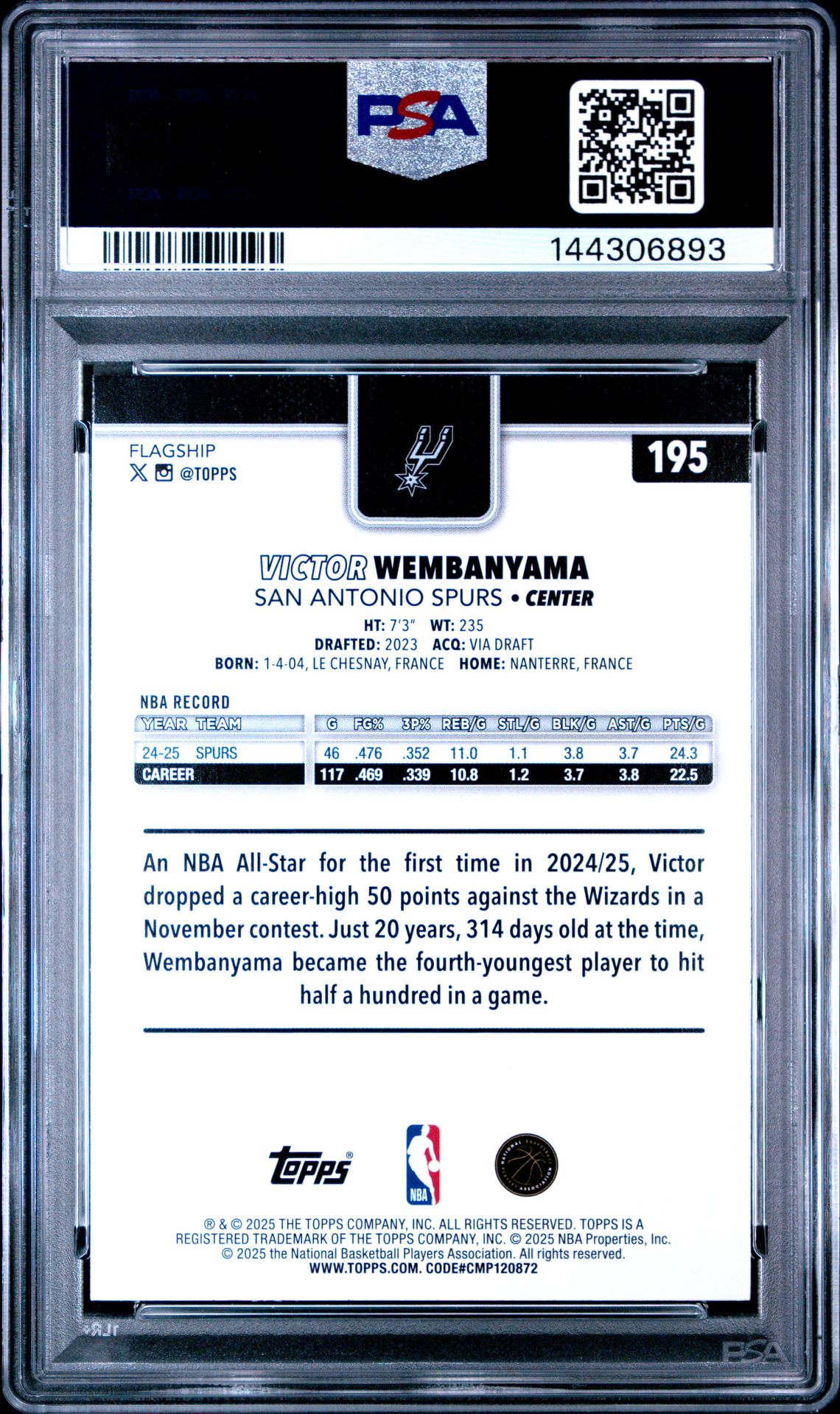 2025 Topps Victor Wembanyama #195 (Sandglitter) Mint 9 back